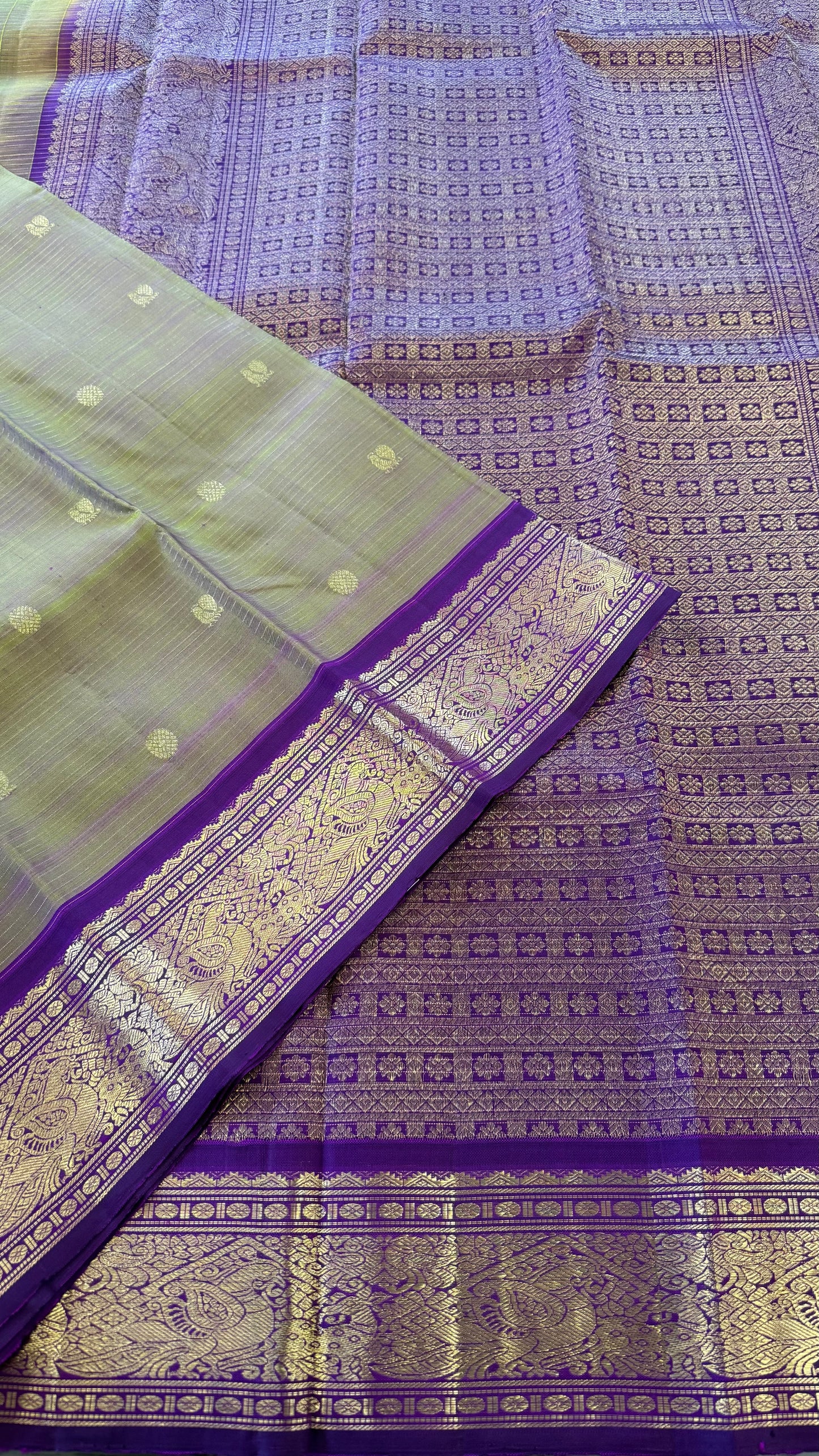 DUAL TONE GREEN WITH CONTRAST DEEP PURPLE GOLD ZARI HANDLOOM KANICHIPURAM SILK SAREE (KSS181)