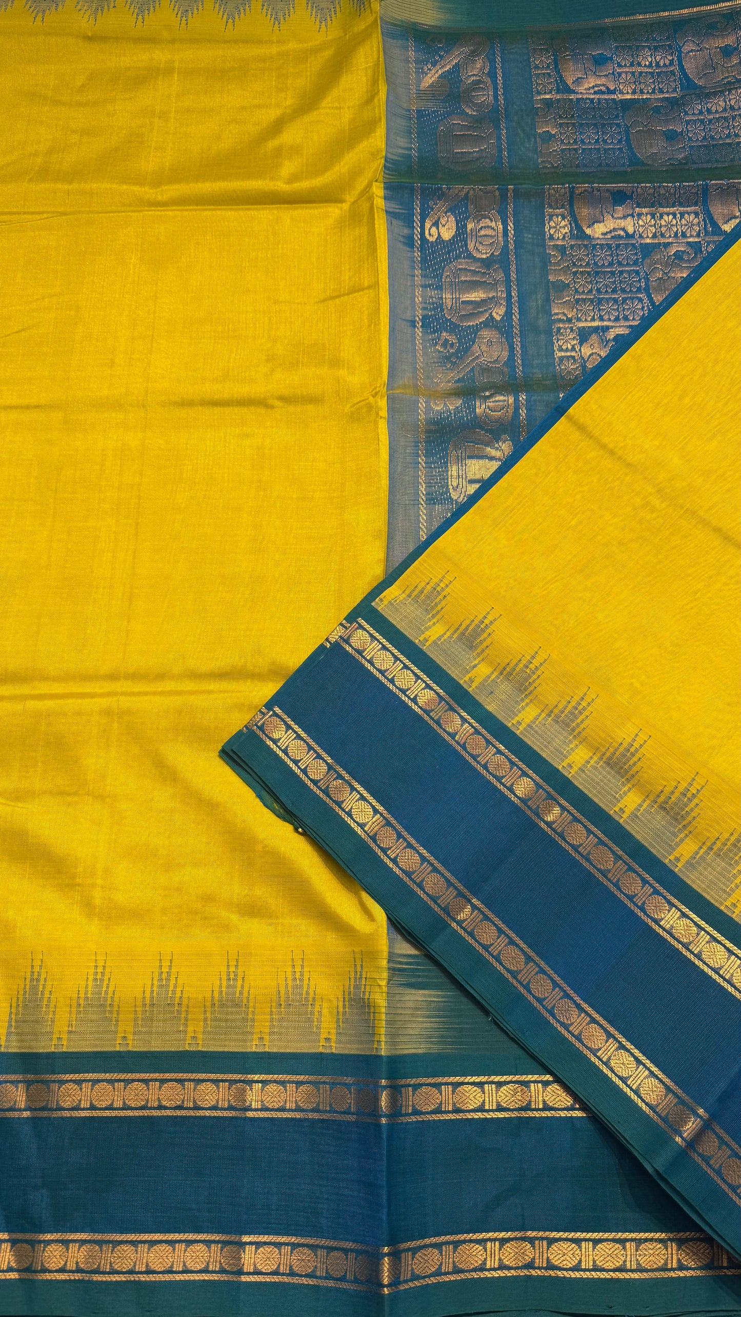 LEMON YELLOW WITH TURQUIOSE BLUE TRADITIONAL RETTAI PETTA BORDER HANDLOOM KANCHIPURAM SILK COTTON (KSC41)