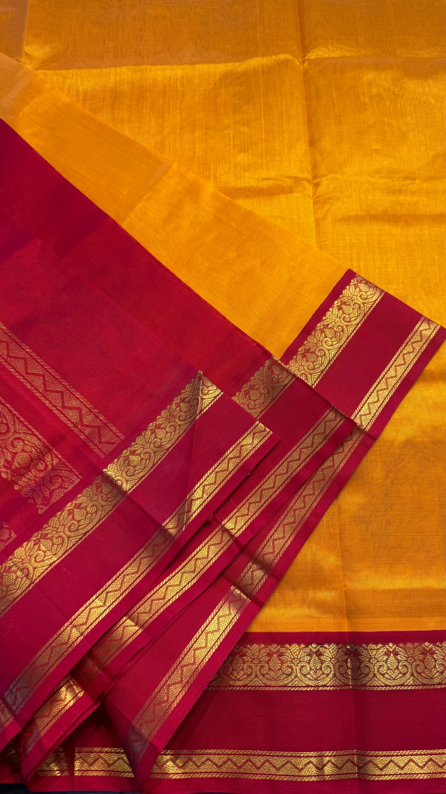 MUSTARD YELLOW WITH RED HANDLOOM KANCHIPURAM SILK COTTON (KSC108)