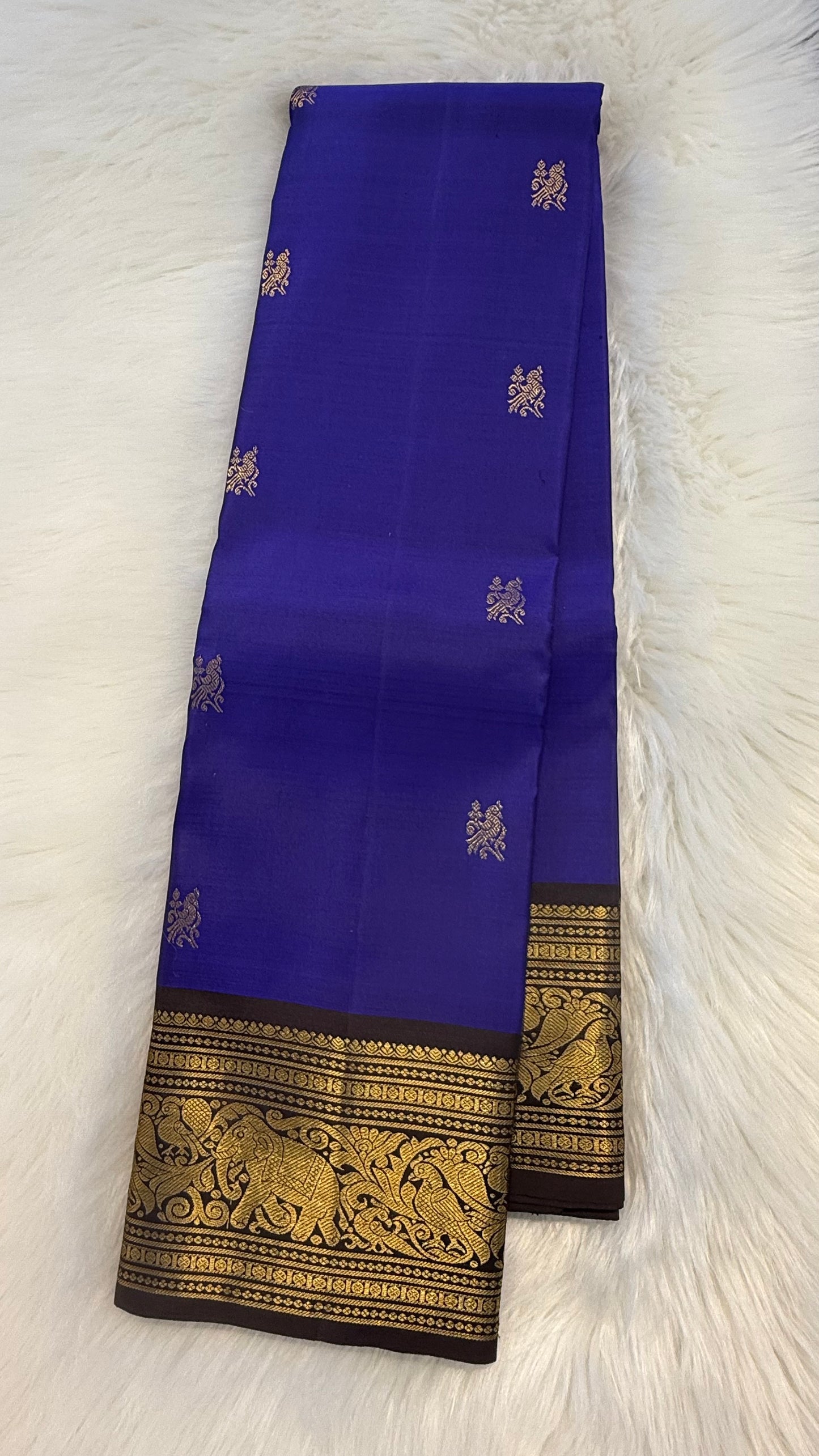 SAPPHIRE BLUE WITH CONTRAST DARK BROWN GOLD ZARI HANDLOOM KANICHIPURAM SILK SAREE (KSS117)