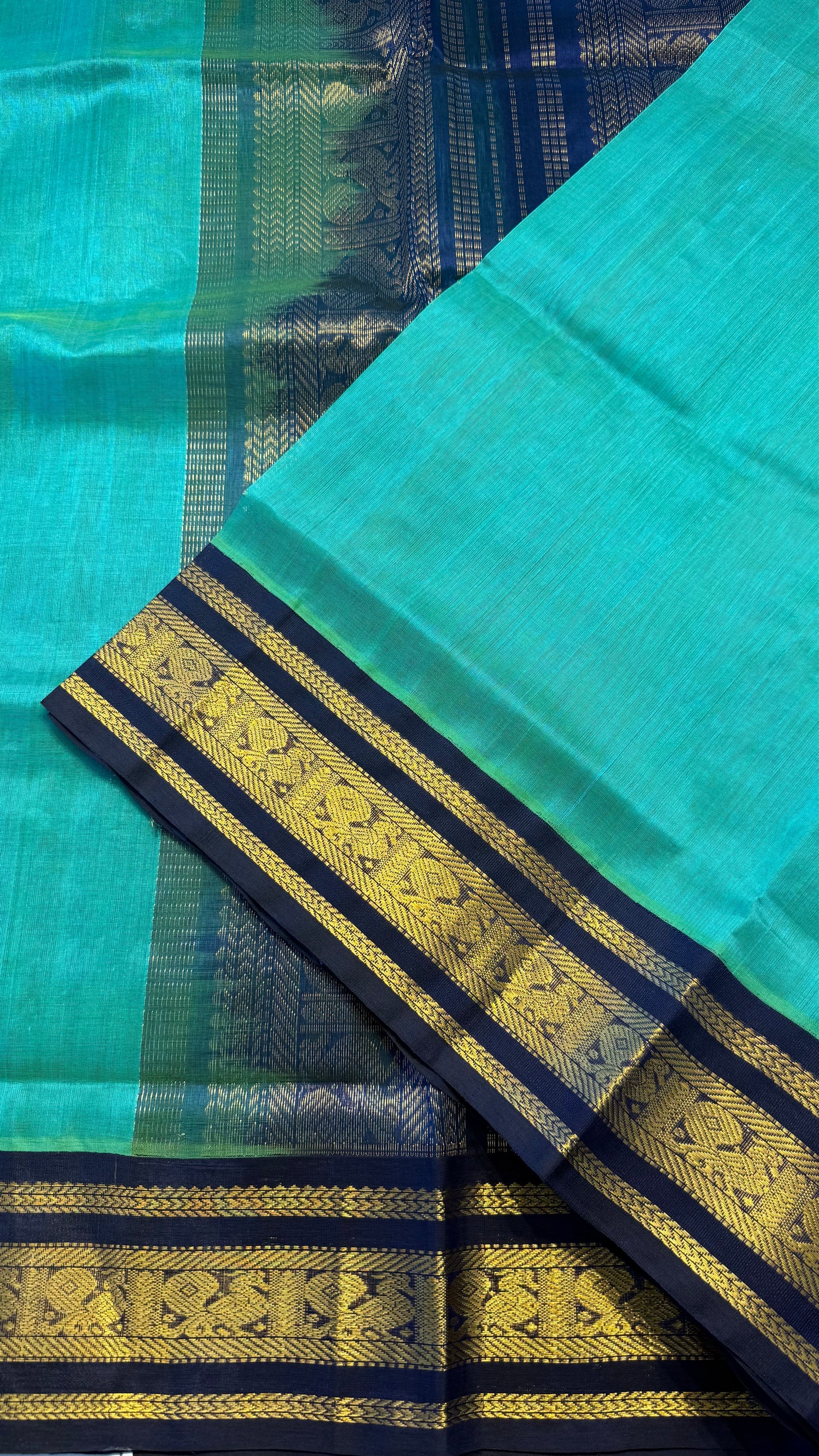 TEAL GREEN WITH DARK BLUE HANDLOOM KANCHIPURAM SILK COTTON (KSC126)