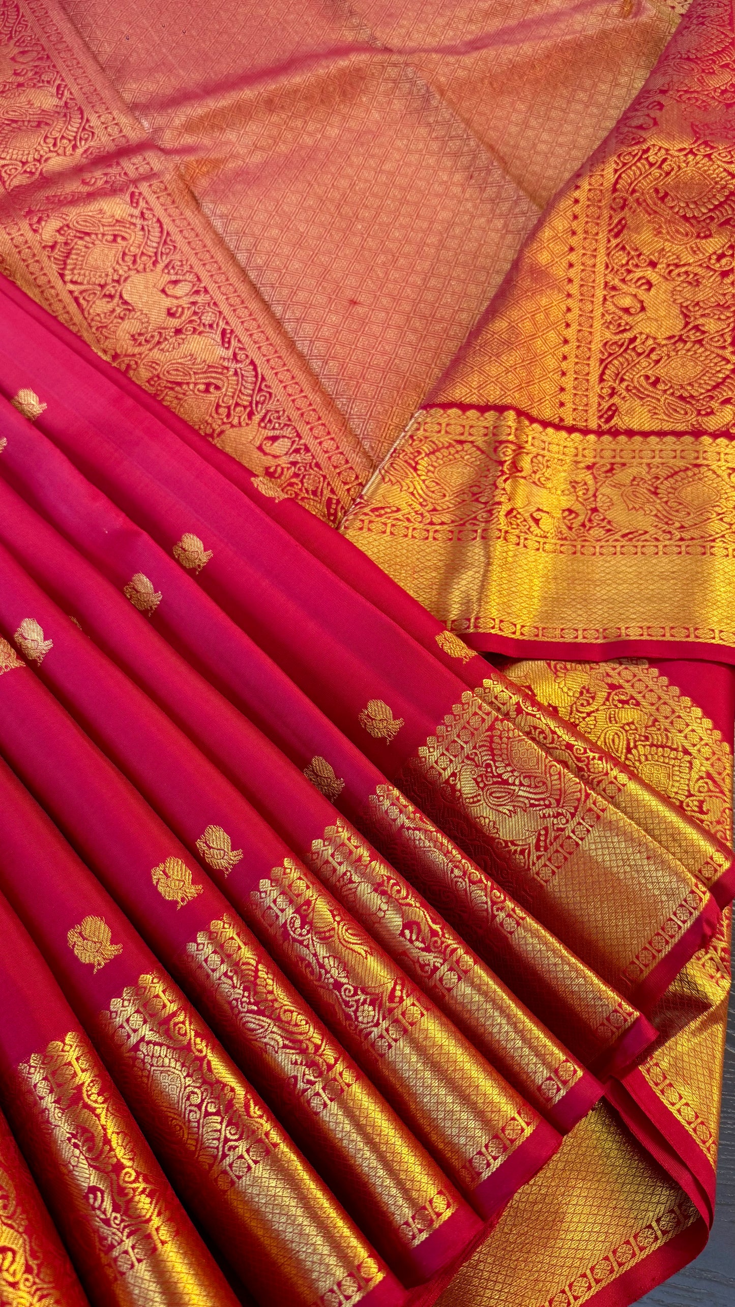 CHILLI RED,DUAL TONE GREEN CONTRAST BLOUSE HANDLOOM KANICHIPURAM SILK SAREE (KSS41)