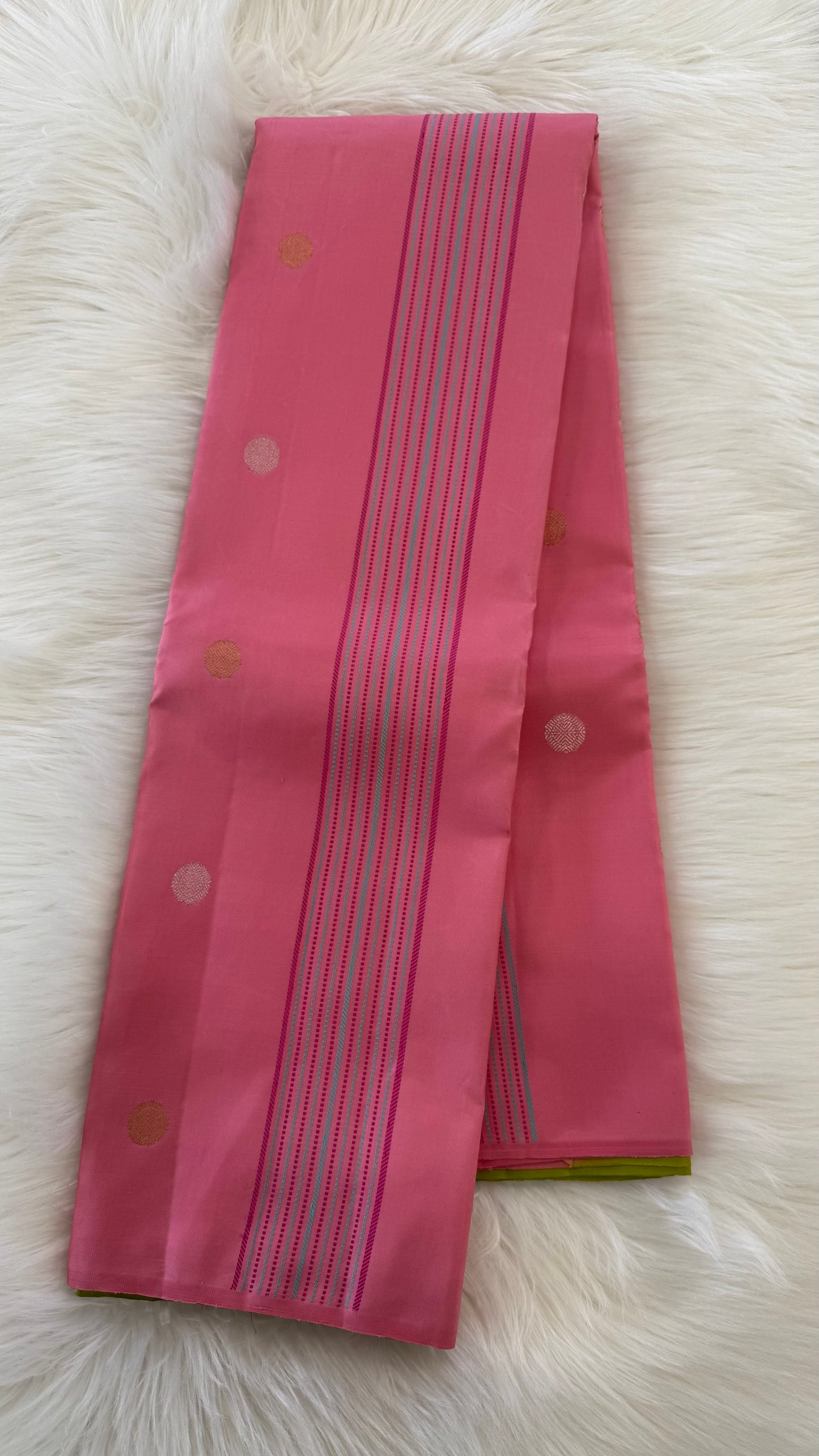 PINK WITH CONTRAST GREEN GOLD ZARI HANDLOOM KANICHIPURAM SILK SAREE (KSS151)