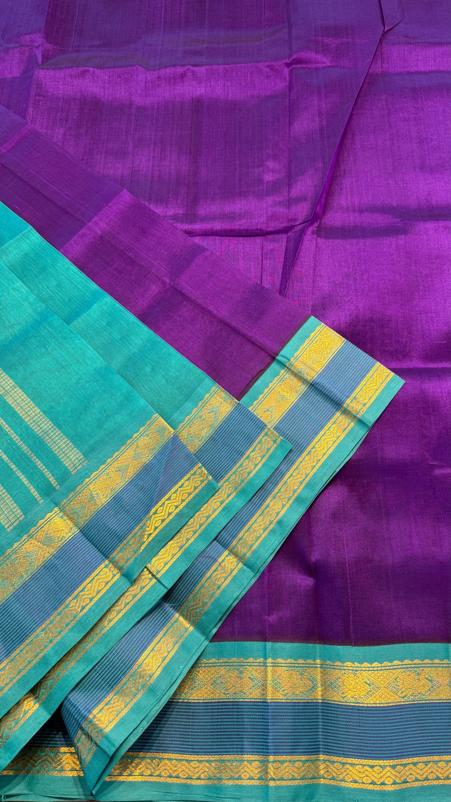 PURPLE WITH DUAL TURQUOISE HANDLOOM KANCHIPURAM SILK COTTON (KSC69)