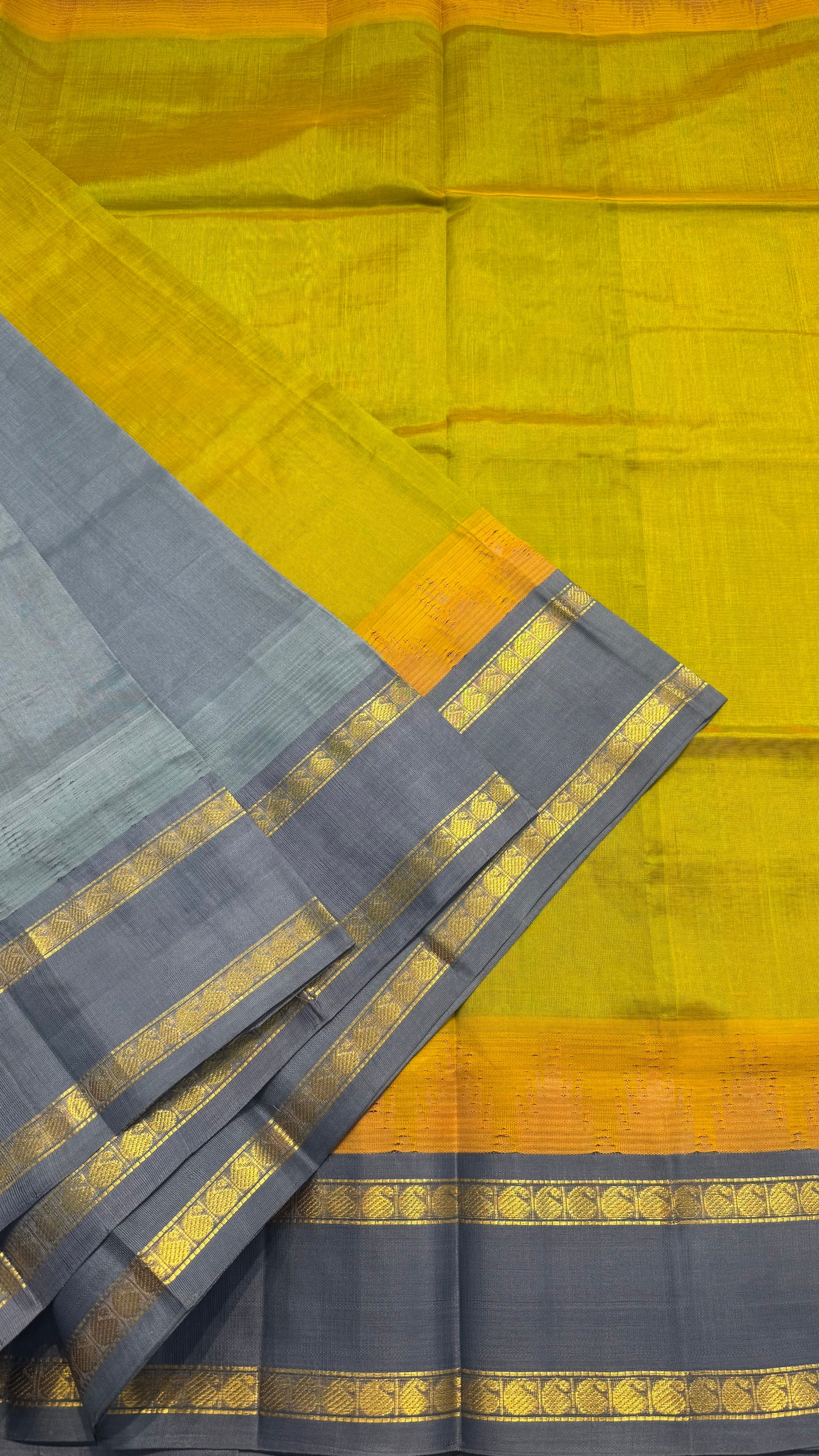 DUAL TONE OLIVE GREEN WITH GREY TRADITIONAL RETTAI PETTA BORDER HANDLOOM KANCHIPURAM SILK COTTON (KSC42)