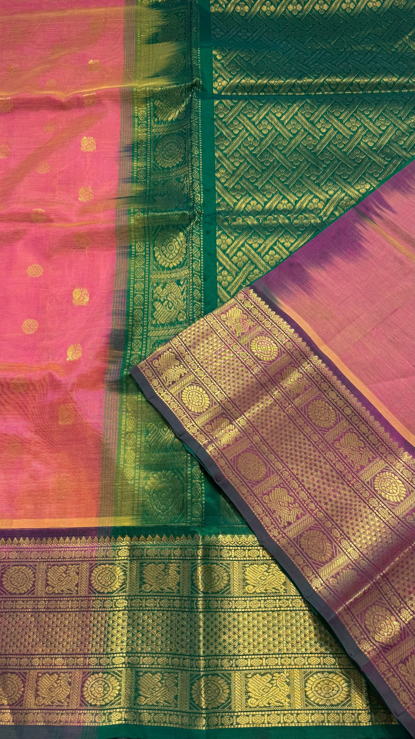 PEACH PINK WITH CONSTRAST GREEN KANCHIPURAM SILK COTTON (KSC05)