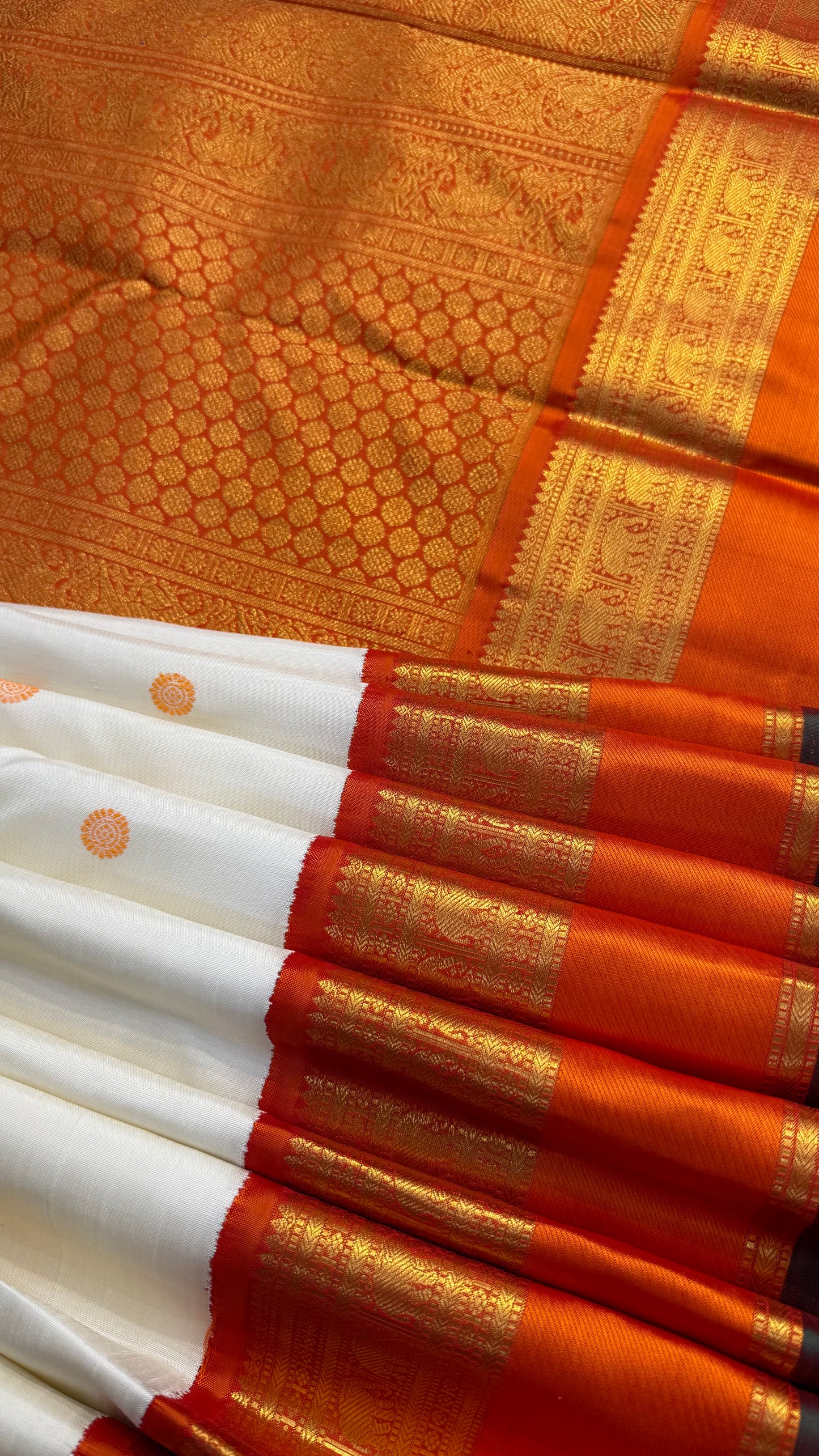 TRADITIONAL PURE ZARI WHITE AND ORANGE HANDLOOM KANICHIPURAM SILK SAREE (KSS204)