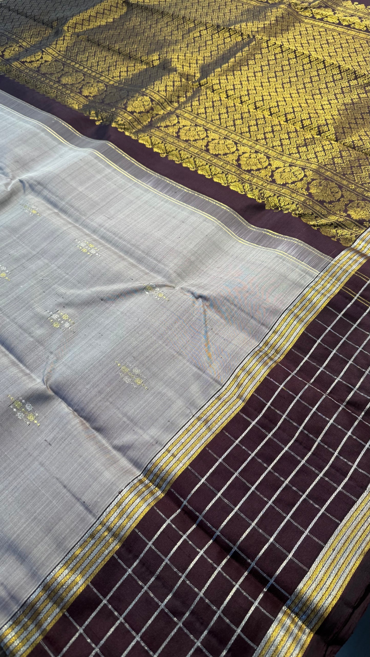 COFFEE GREY RUST WITH CHECKERED COFFEE COLOURED BORDER SILVER KATTAM & GOLD ZARI HANDLOOM KANICHIPURAM SILK SAREE (KSS256)