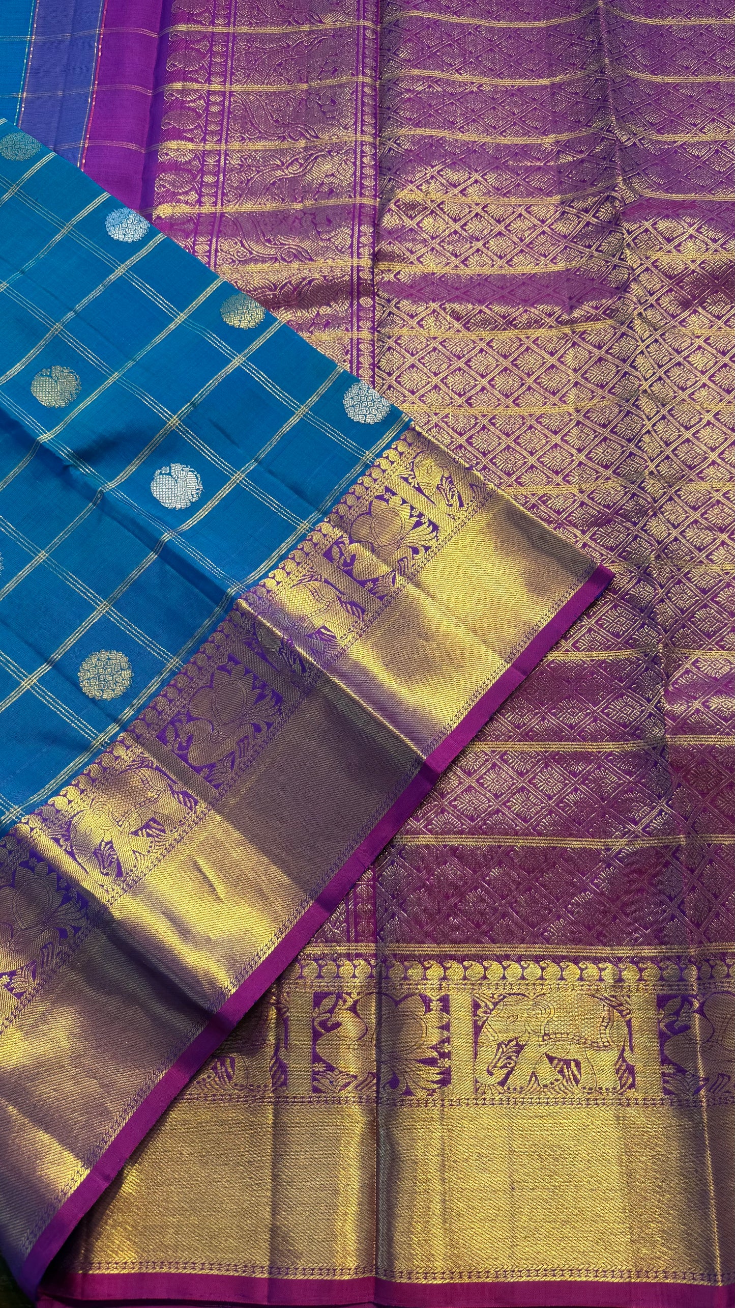 PEACOCK BLUE CHECKED WITH PURPLE GOLD ZARI HANDLOOM KANCHIPURAM SILK SAREE (KSS416)