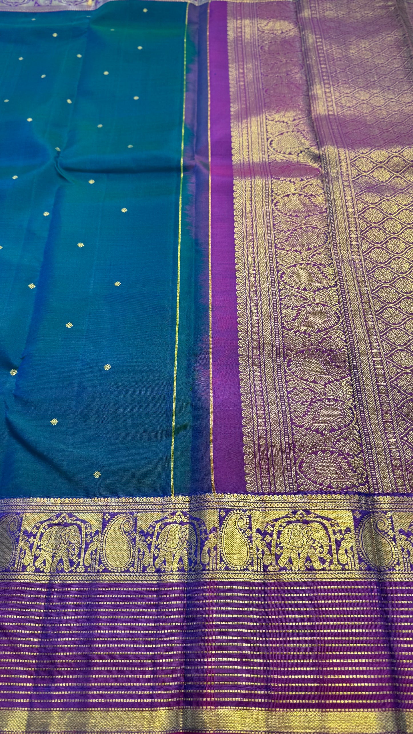 PEACOCK BLUE WITH PURPLE GOLD ZARI HANDLOOM KANICHIPURAM SILK SAREE (KSS241)