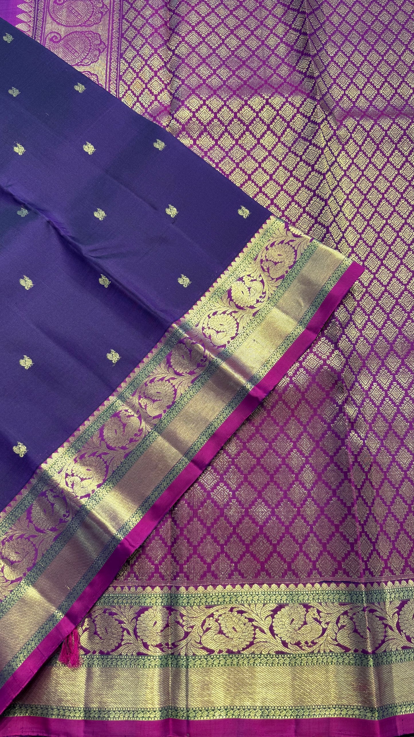 ROYAL PURPLE WITH CONTRAST VADAMALI PURPLE BORDER GOLD ZARI HANDLOOM KANICHIPURAM SILK SAREE (KSS367)