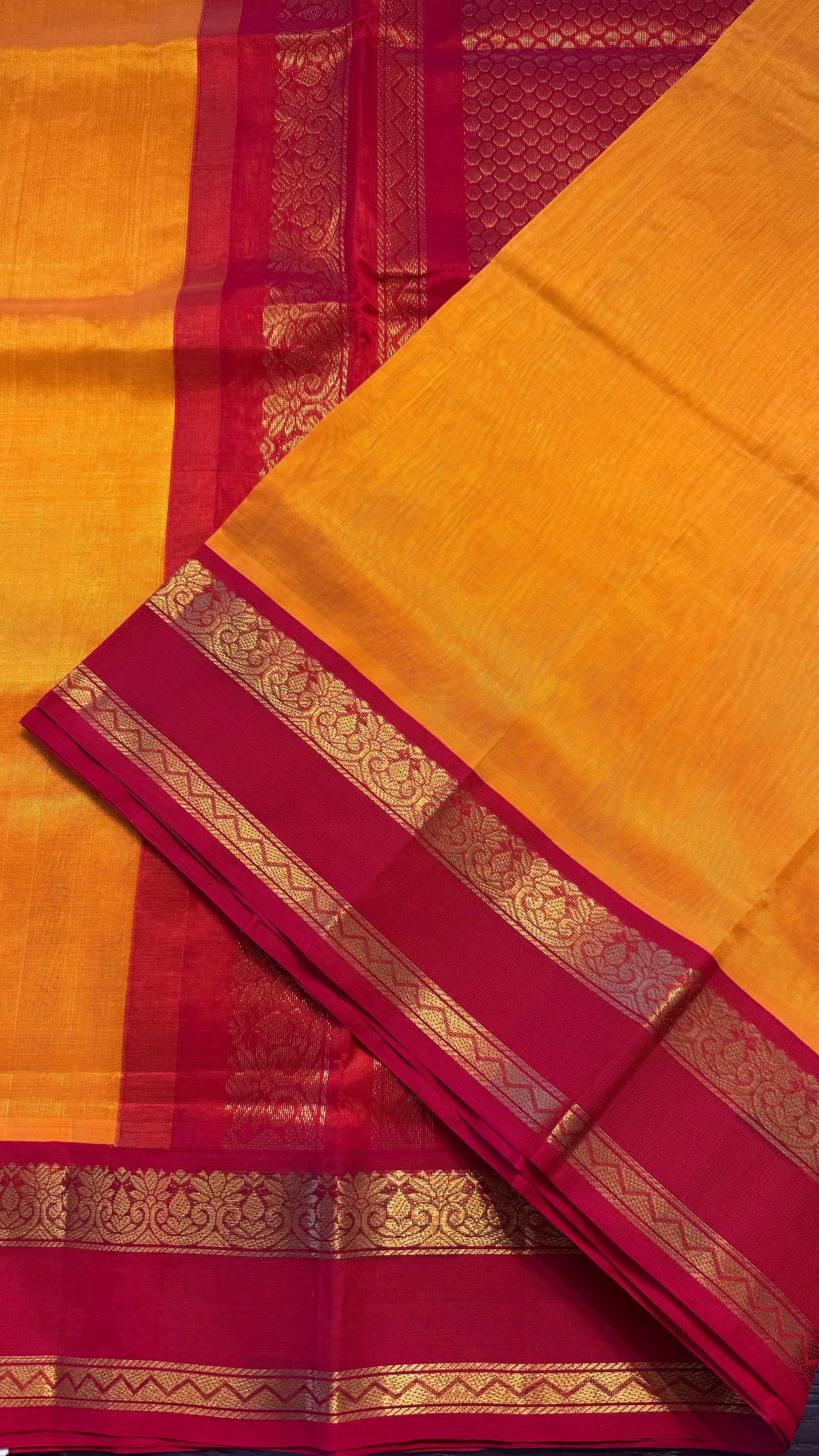 MUSTARD YELLOW WITH RED HANDLOOM KANCHIPURAM SILK COTTON (KSC108)