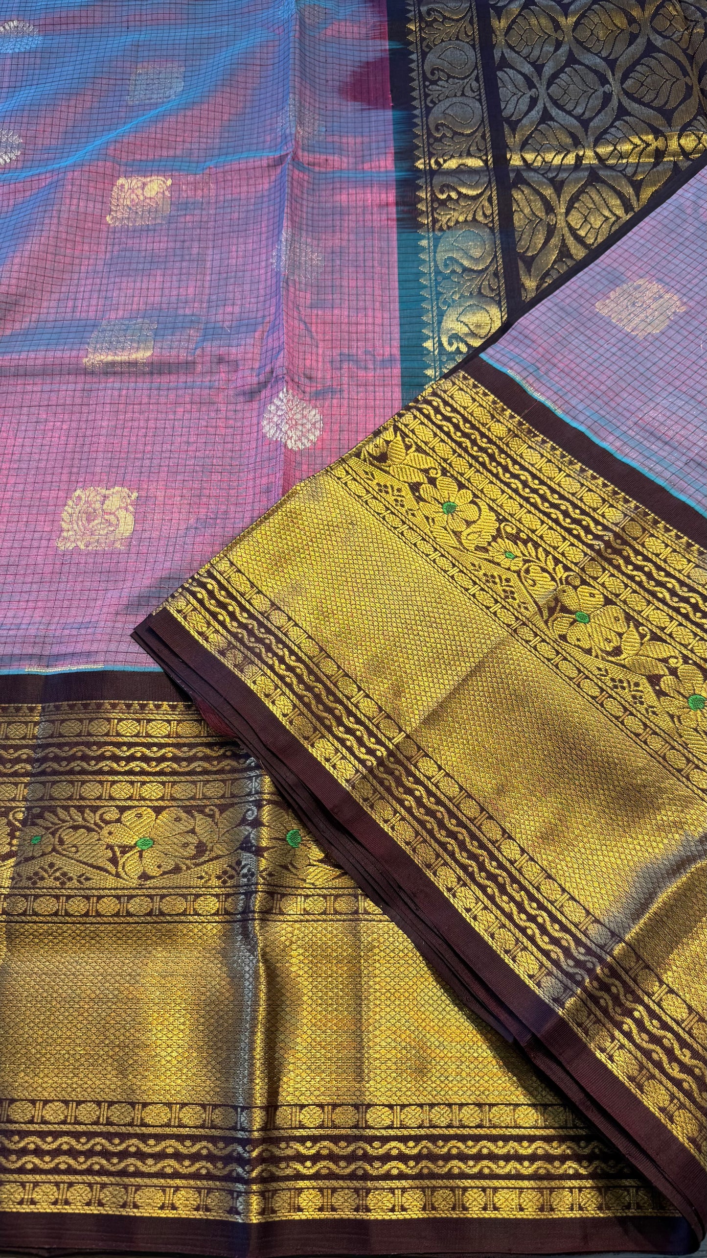 DUAL TONE BLUE PURPLE WITH CONTRAST DARK BROWN MANGALAGIRI SILK COTTON (MSC01)