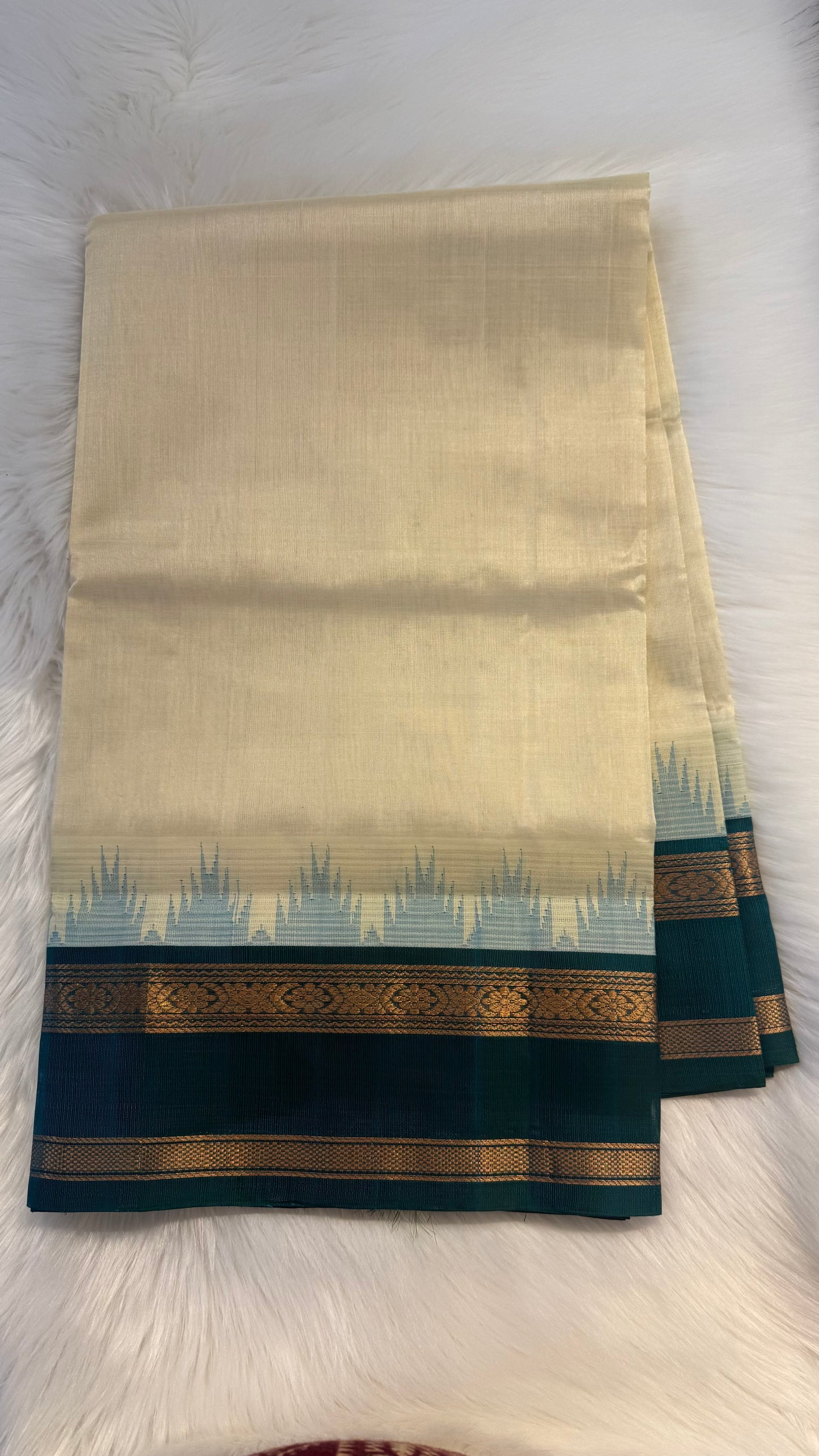 CREAM WITH PEACOCK BLUE TRADITIONAL RETTAI PETTA BORDER HANDLOOM KANCHIPURAM SILK COTTON (KSC44)