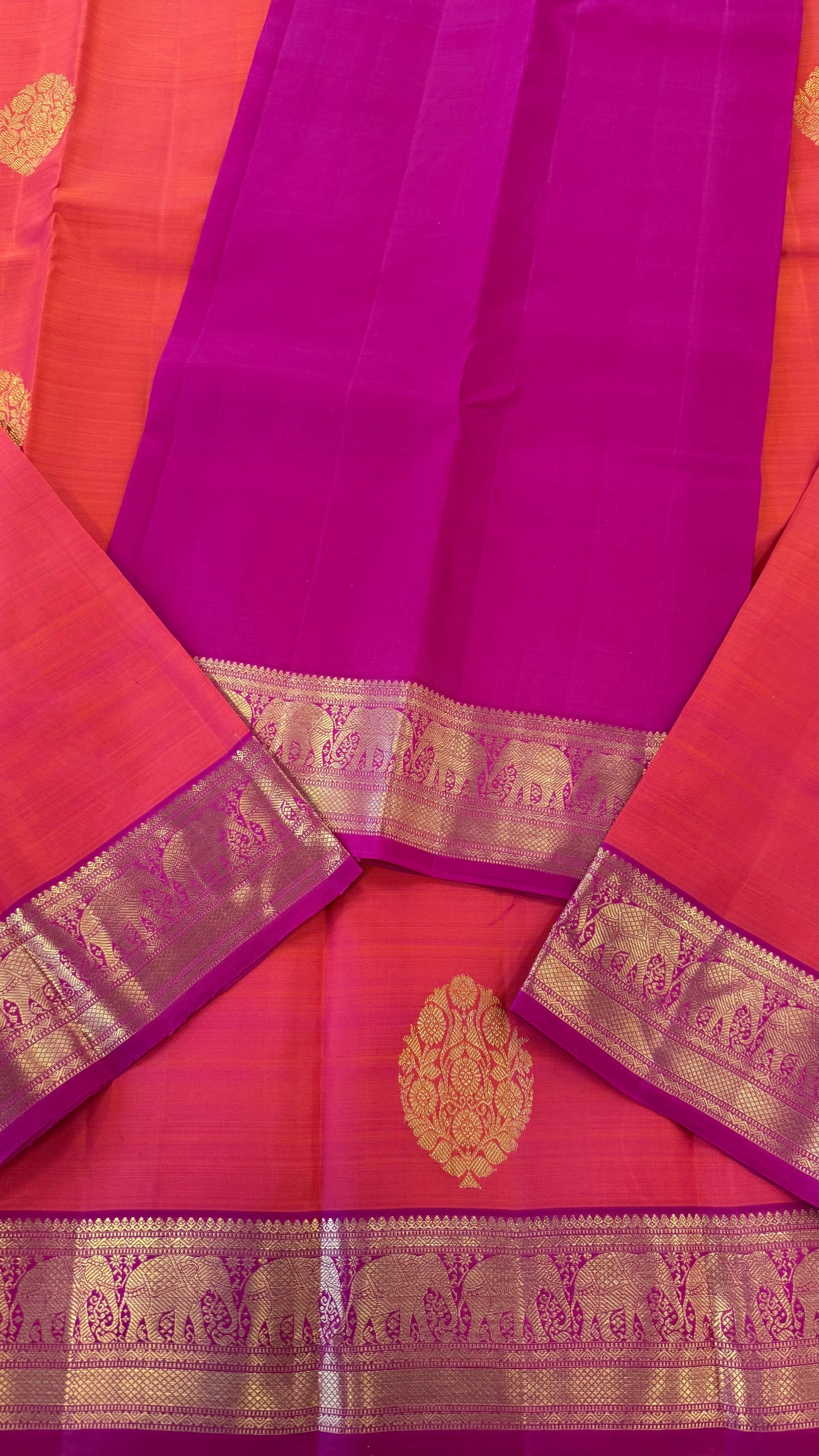 DUAL TONE ORANGE PINK GOLD ZARI HANDLOOM KANICHIPURAM SILK SAREE (KSS209)