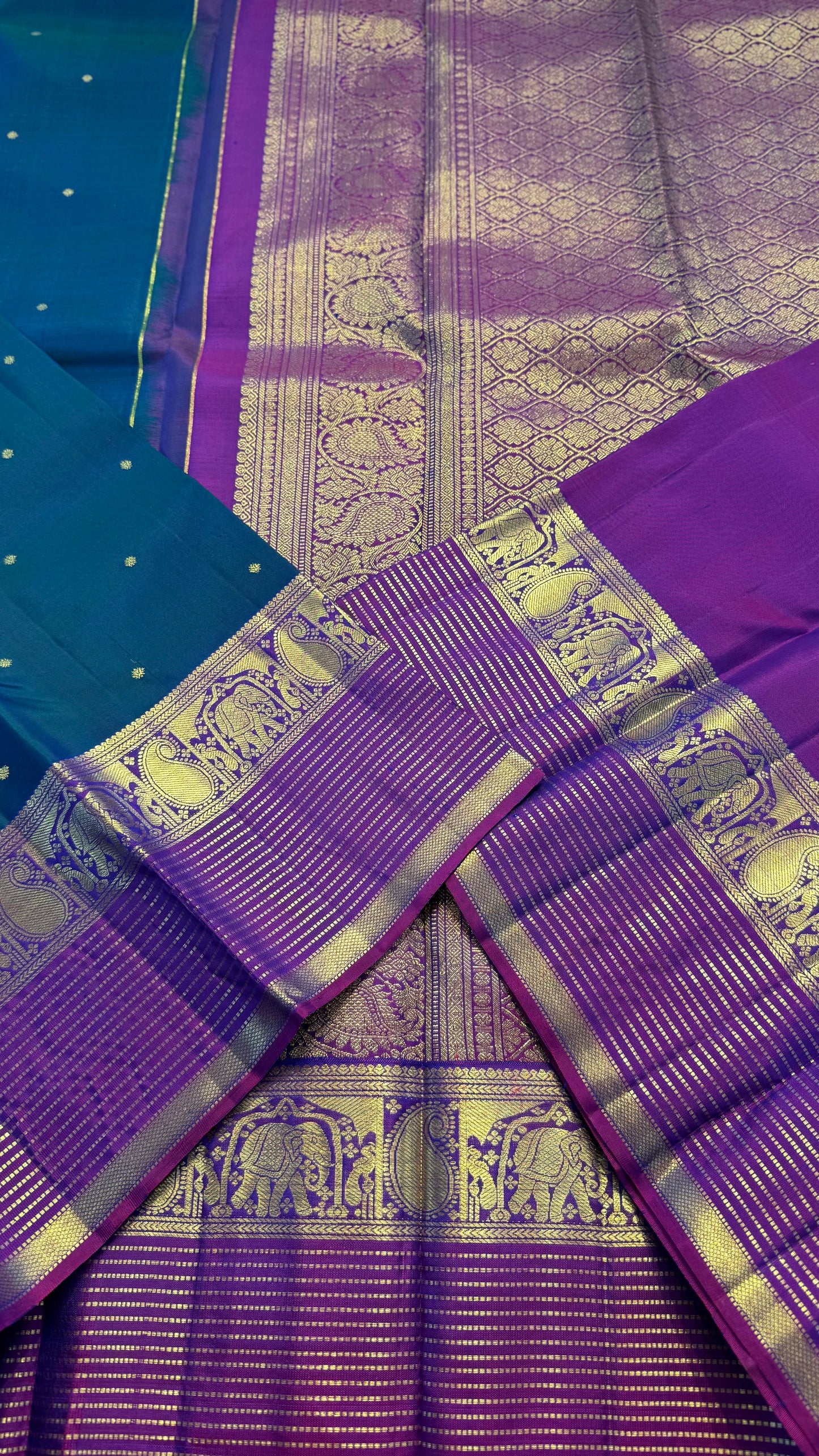 PEACOCK BLUE WITH PURPLE GOLD ZARI HANDLOOM KANICHIPURAM SILK SAREE (KSS241)