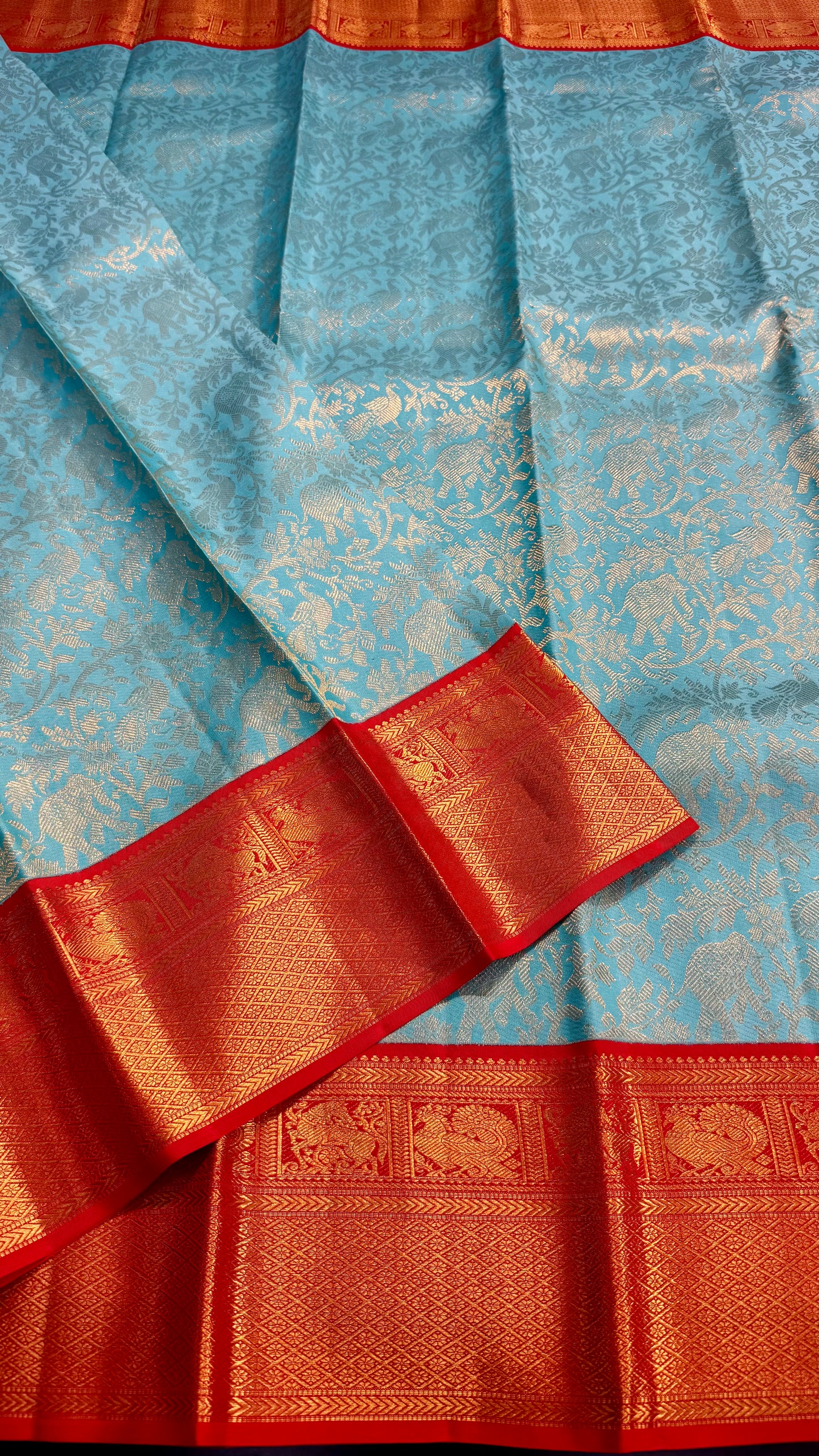 AQUAMARINE BLUE VANASINGARAM WITH CONTRAST CHILI RED HANDLOOM KANICHIPURAM SILK SAREE (KSS31)