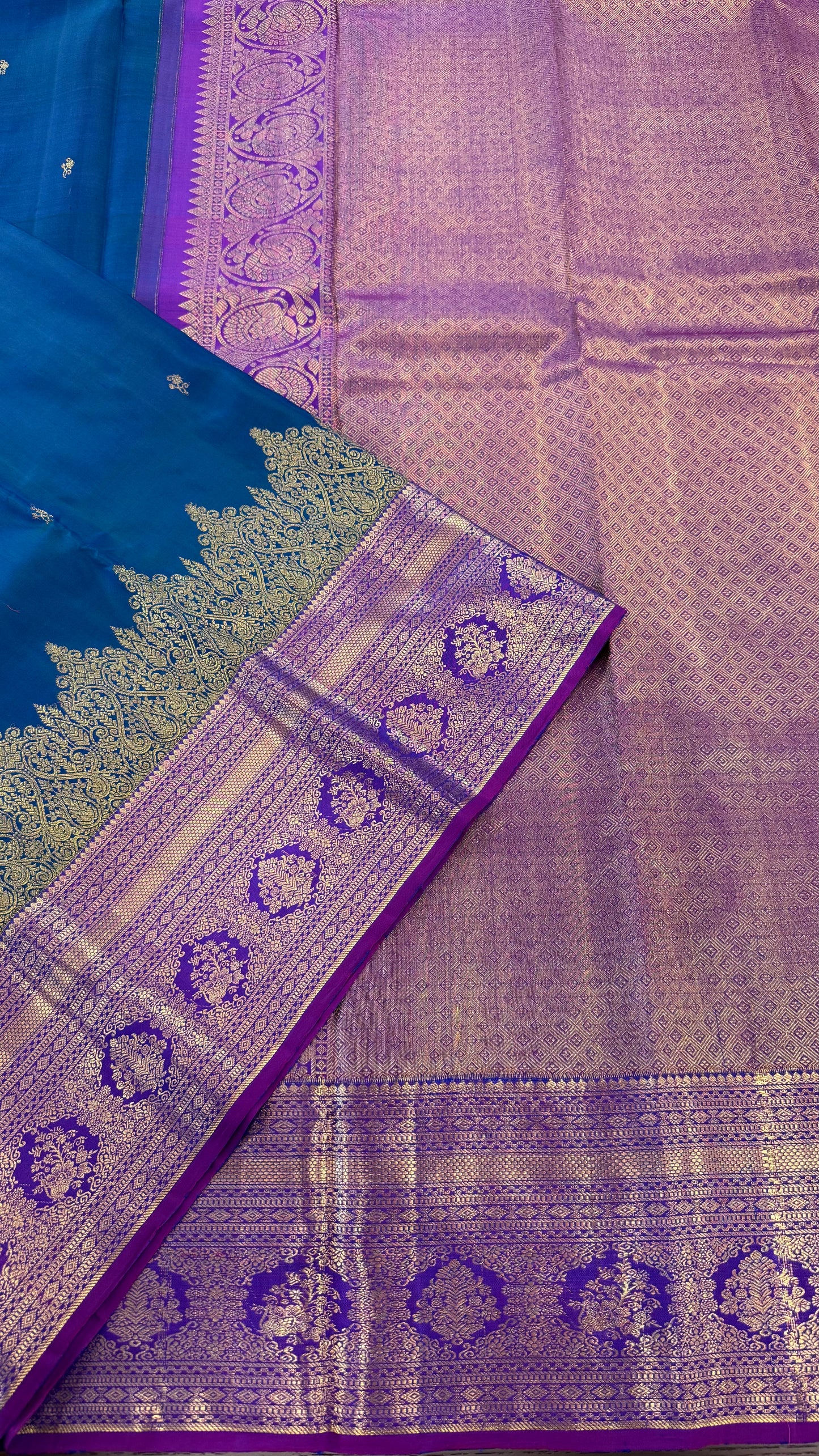 PEACOCK BLUE GREEN WITH CONTRAST PURPLE GOLD ZARI HANDLOOM KANICHIPURAM SILK SAREE (KSS163)