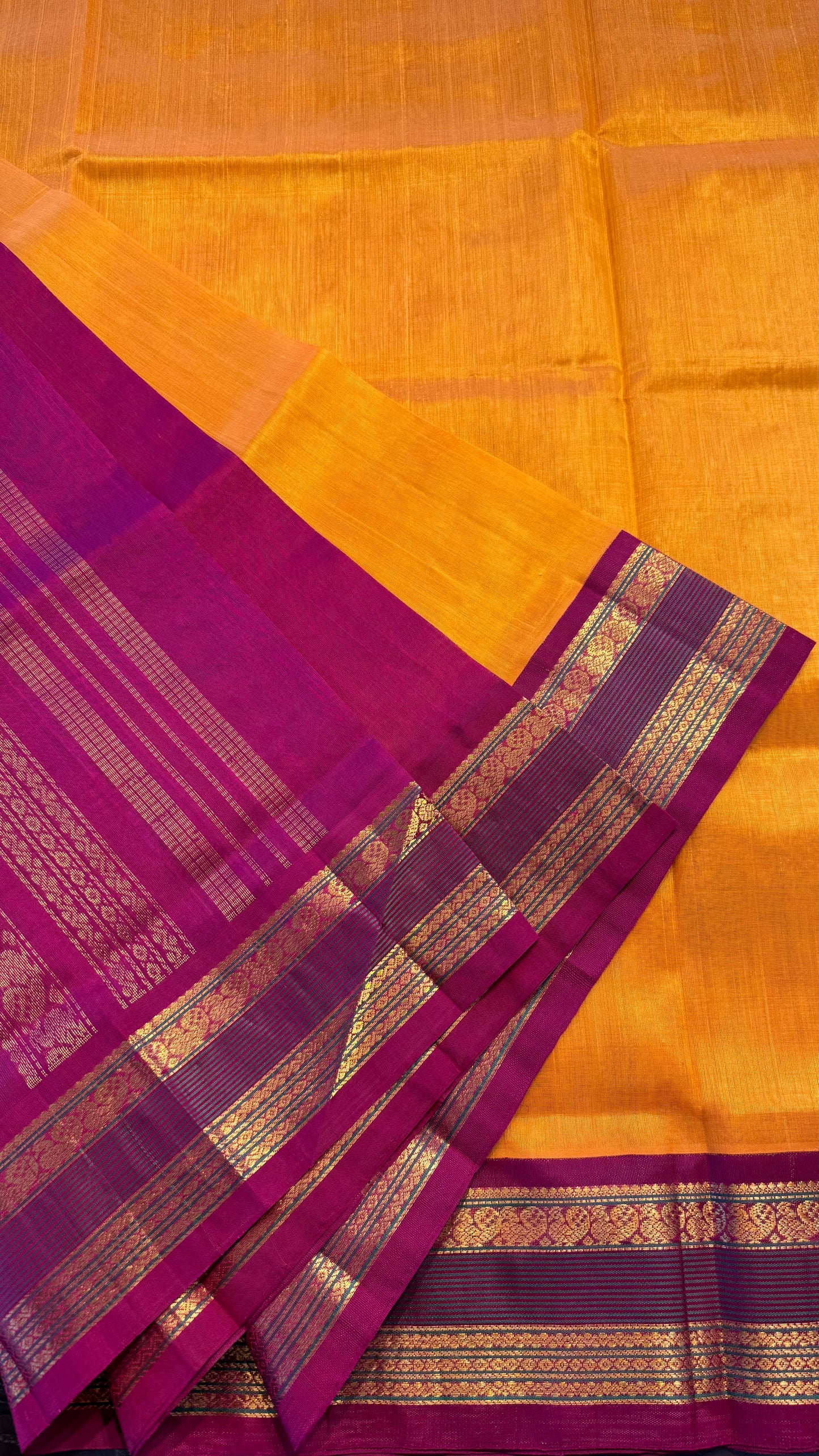 MUSTARD YELLOW WITH MAROON HANDLOOM KANCHIPURAM SILK COTTON (KSC107)