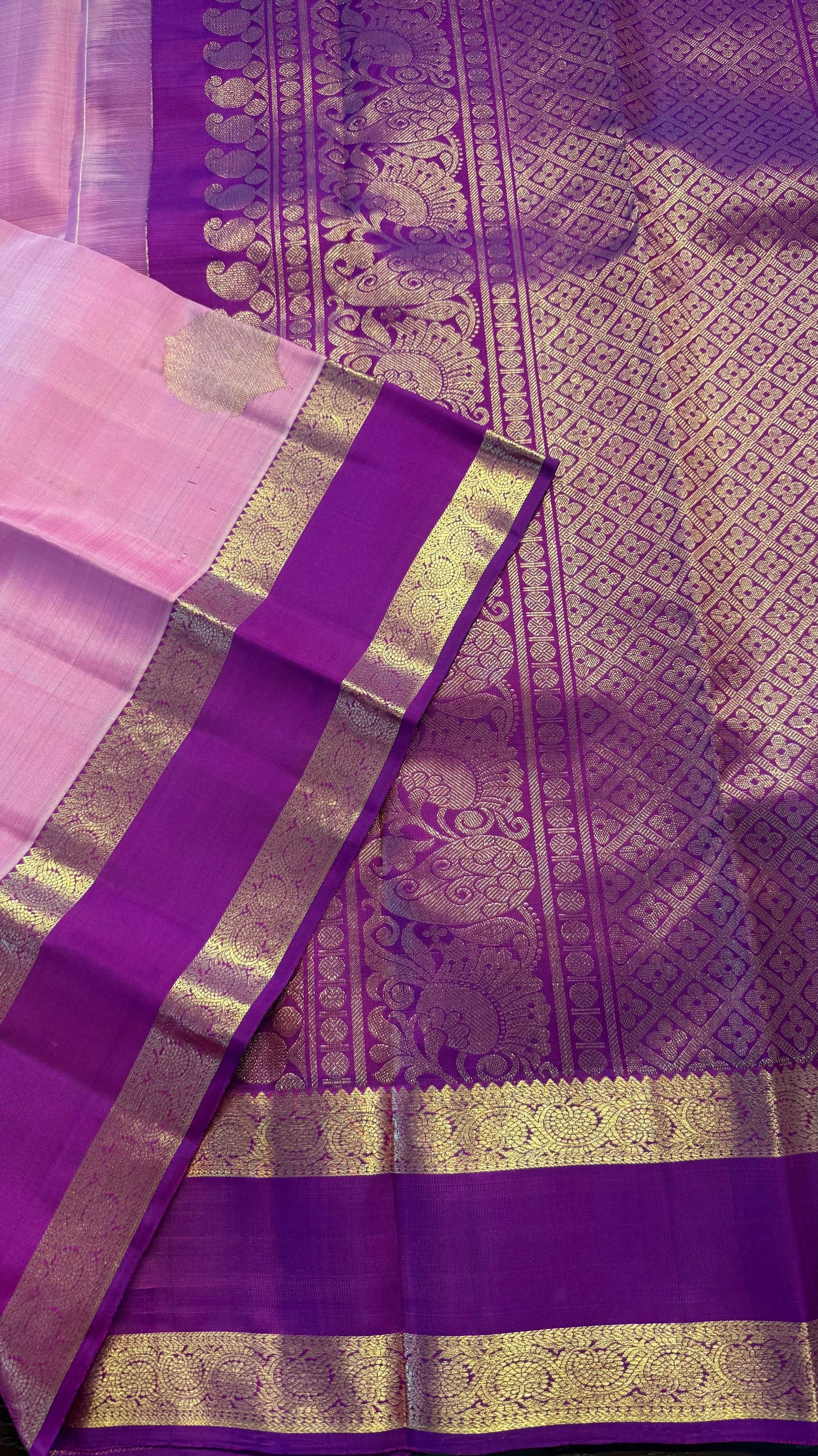LIGHT PASTEL PINK WITH CONTRAST MAGENTA PURPLE KANCHIPURAM HANDLOOM SILK SAREE (KSS343)