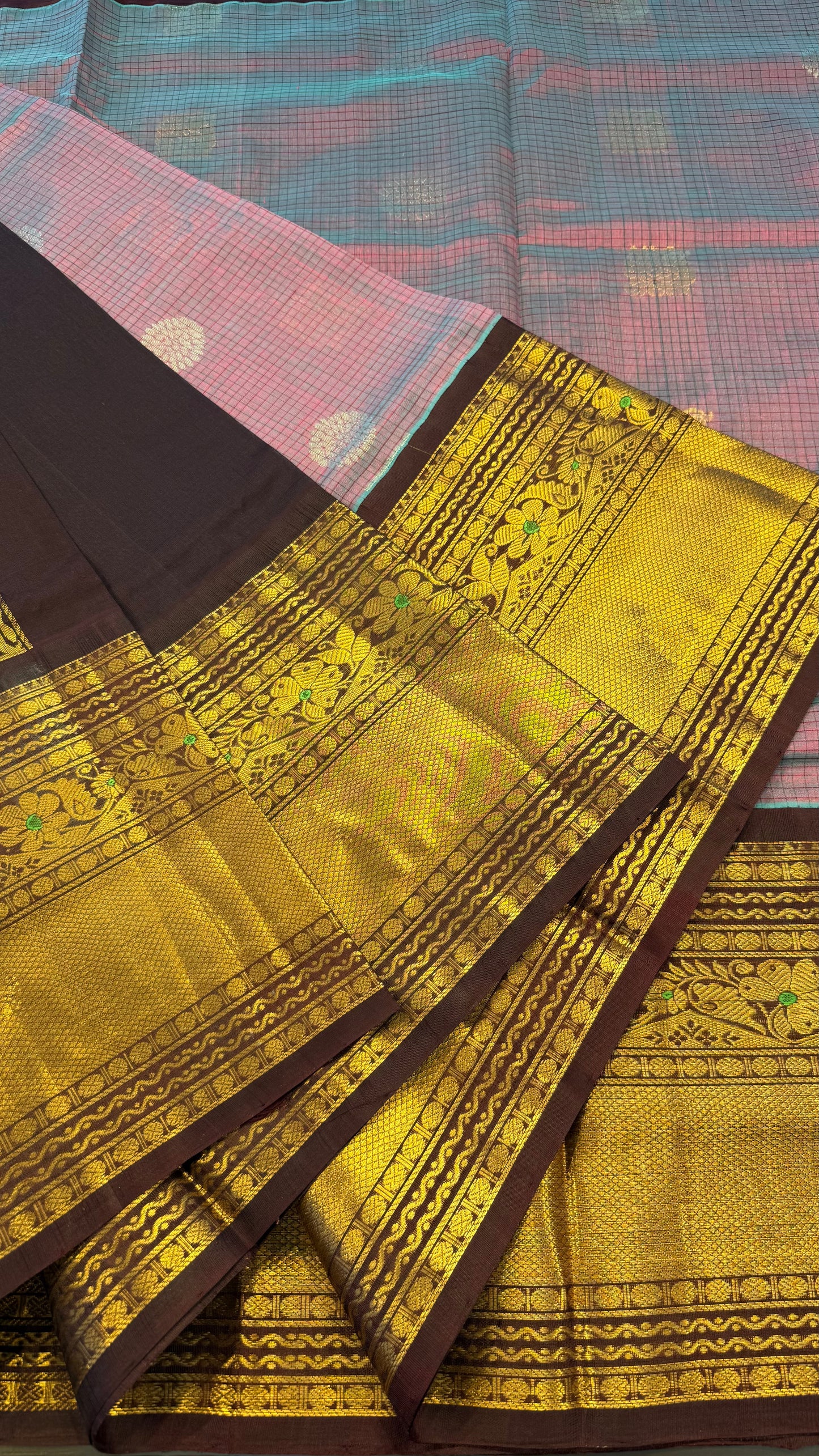 DUAL TONE BLUE PURPLE WITH CONTRAST DARK BROWN MANGALAGIRI SILK COTTON (MSC01)