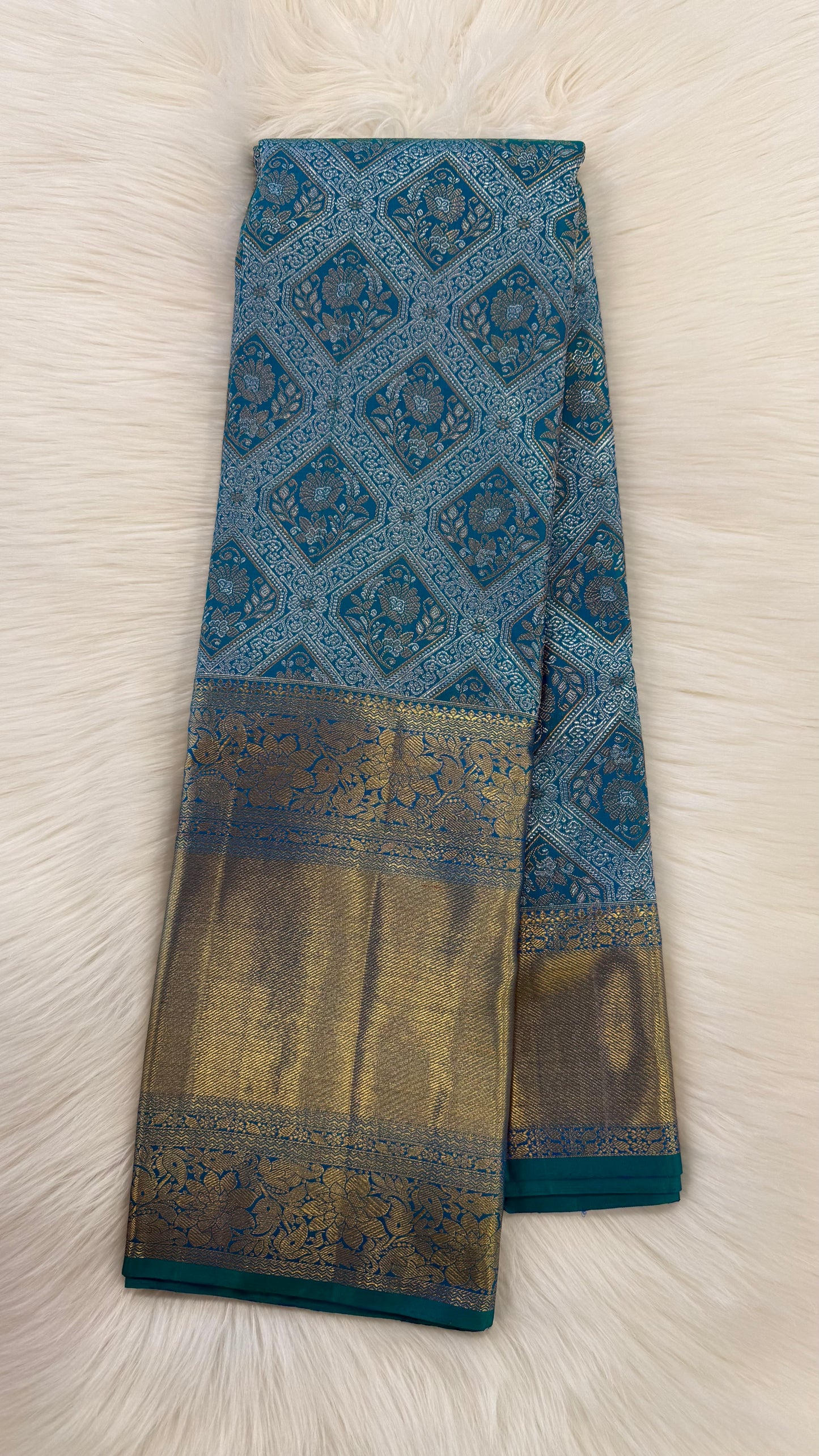 TURQUOISE GOLD & SILVER ZARI HANDLOOM KANICHIPURAM SILK SAREE (KSS90)