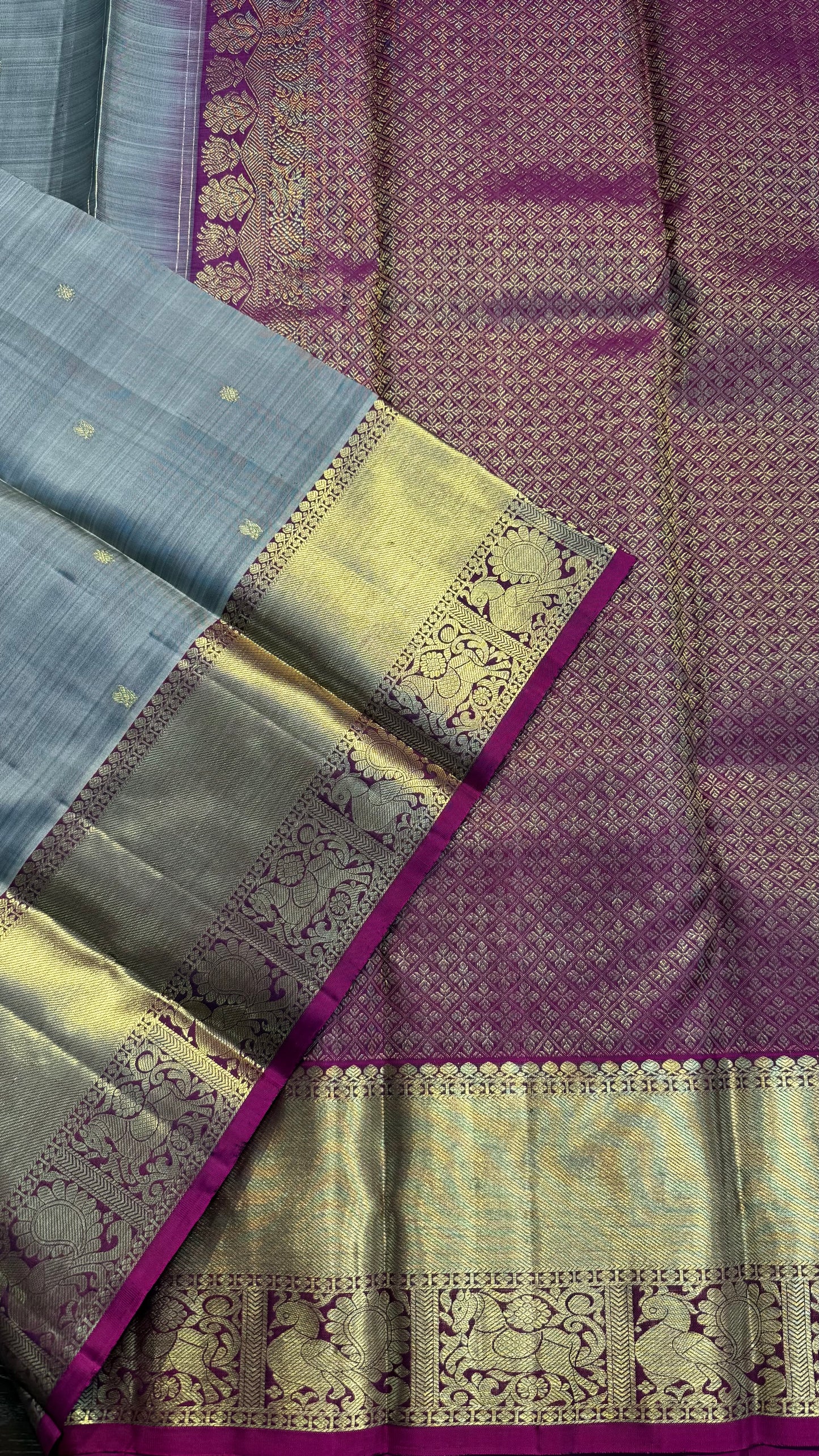 GREY WITH CONTRAST PINK GOLD ZARI HANDLOOM KANCHIPURAM SILK SAREE (KSS335)