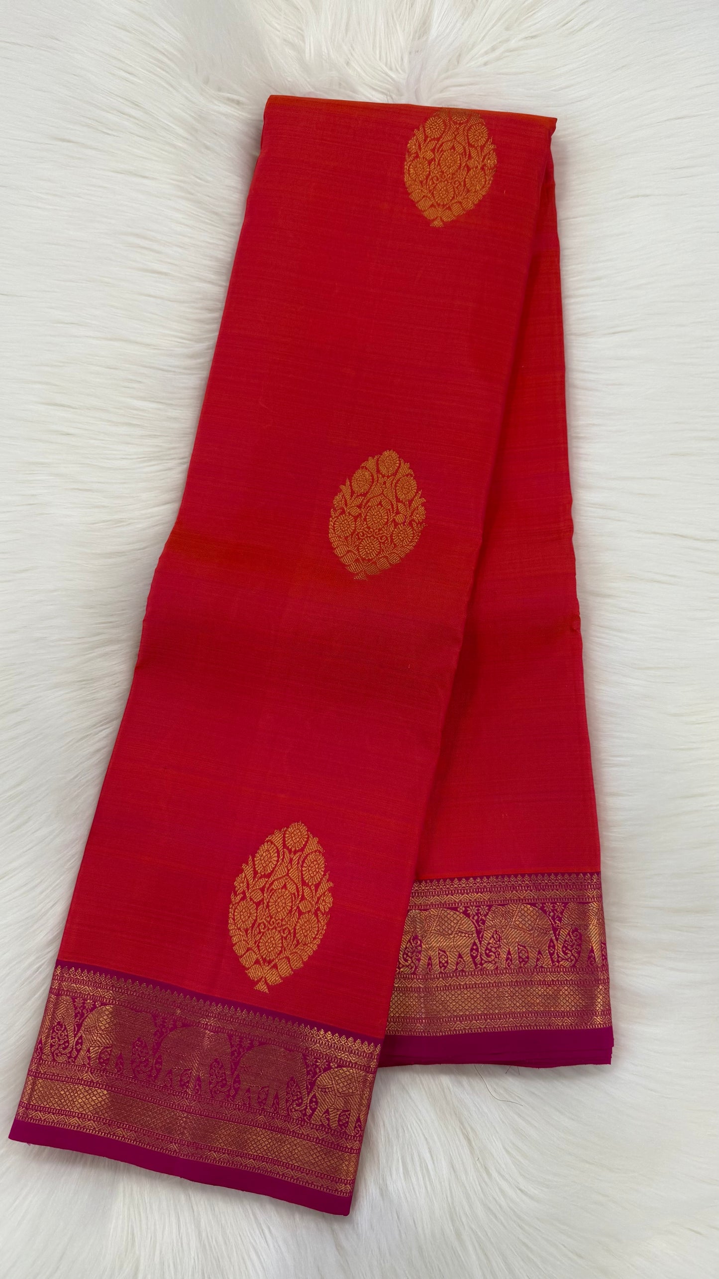 DUAL TONE ORANGE PINK GOLD ZARI HANDLOOM KANICHIPURAM SILK SAREE (KSS209)