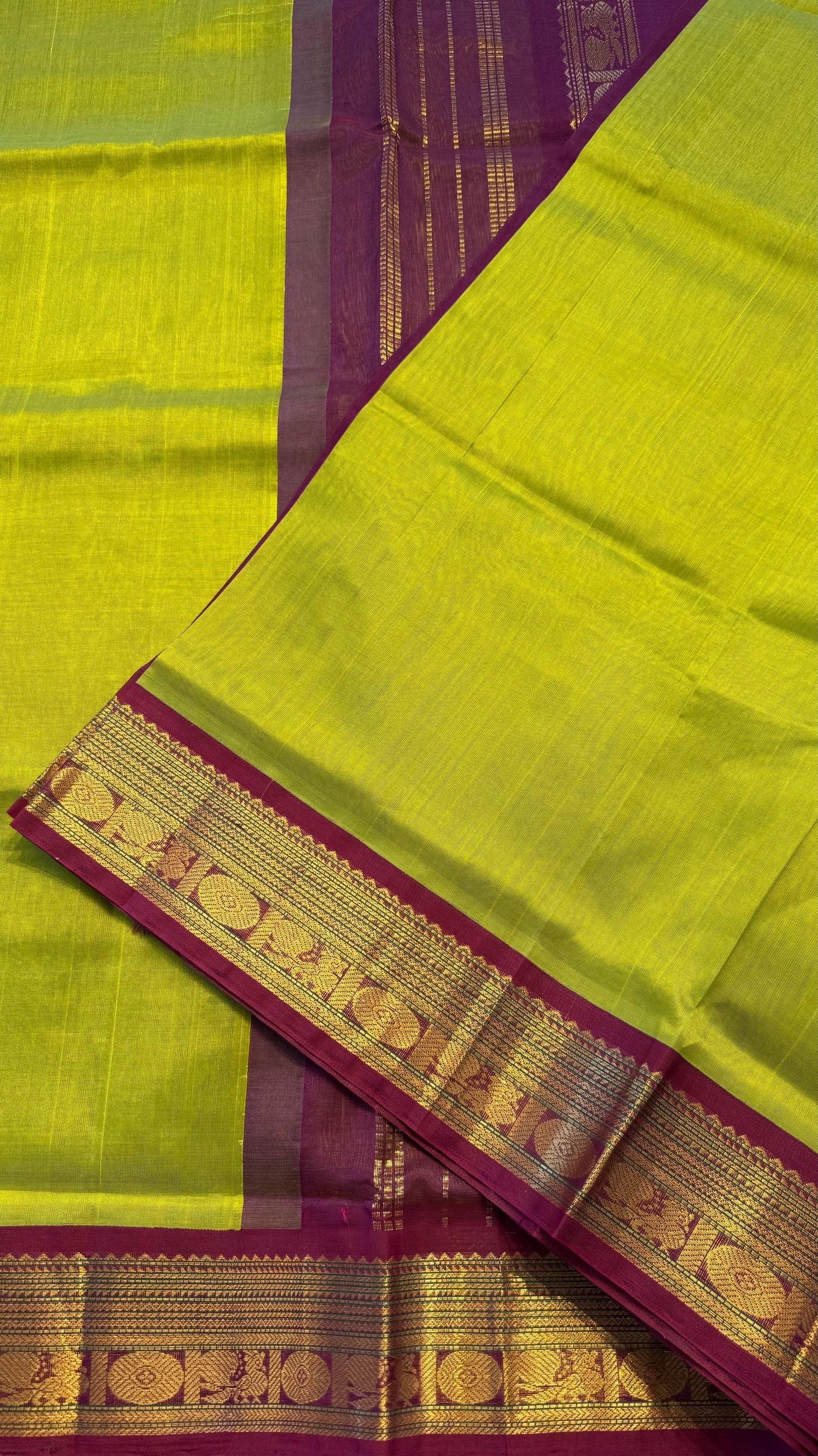 LIME GREEN WITH DARK MAROON HANDLOOM KANCHIPURAM SILK COTTON (KSC97)