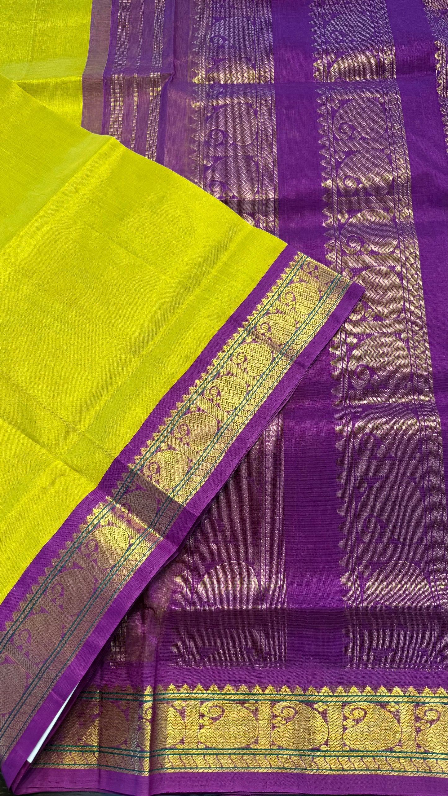 METALLIC YELLOW WITH PURPLE HANDLOOM KANCHIPURAM SILK COTTON (KSC99)