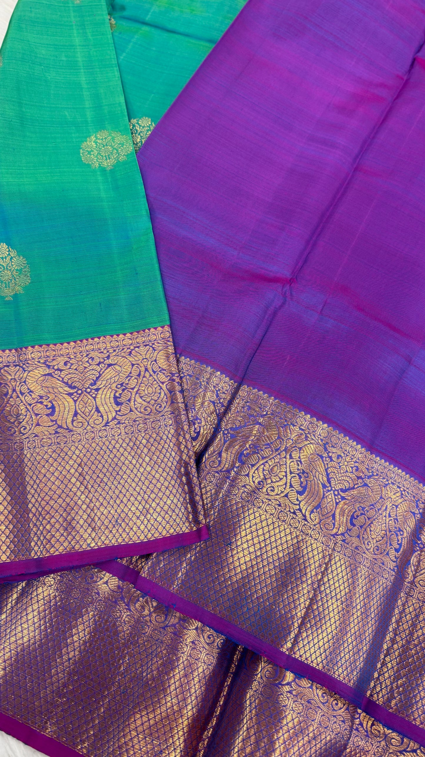 DUAL TONE PEACOCK BLUE & PURPLE HANDLOOM PURE KANICHIPURAM SILK SAREE (KSS87)