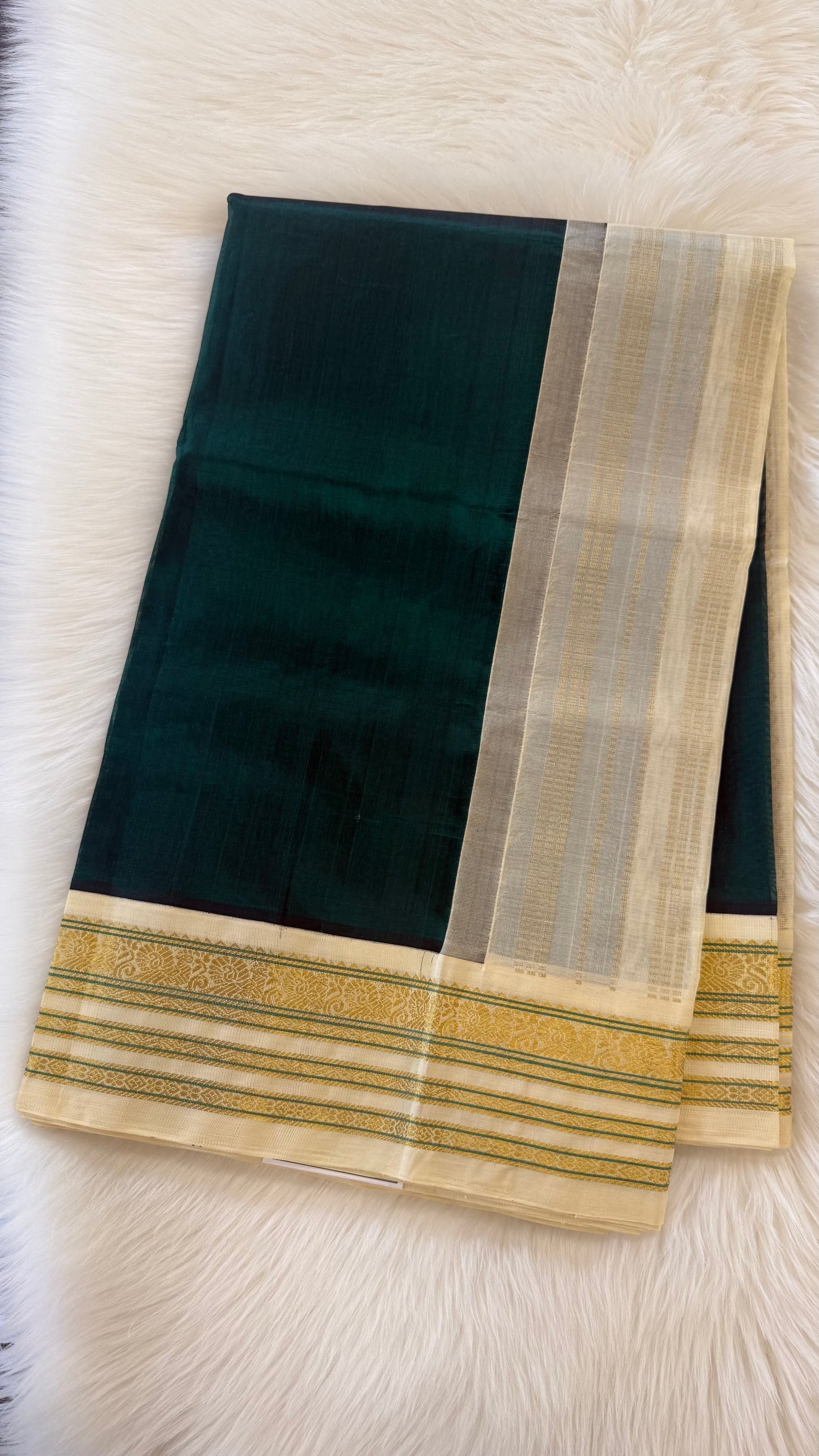 FOREST GREEN WITH CONTRAST CREAM KANCHIPURAM SILK COTTON (KSC82)