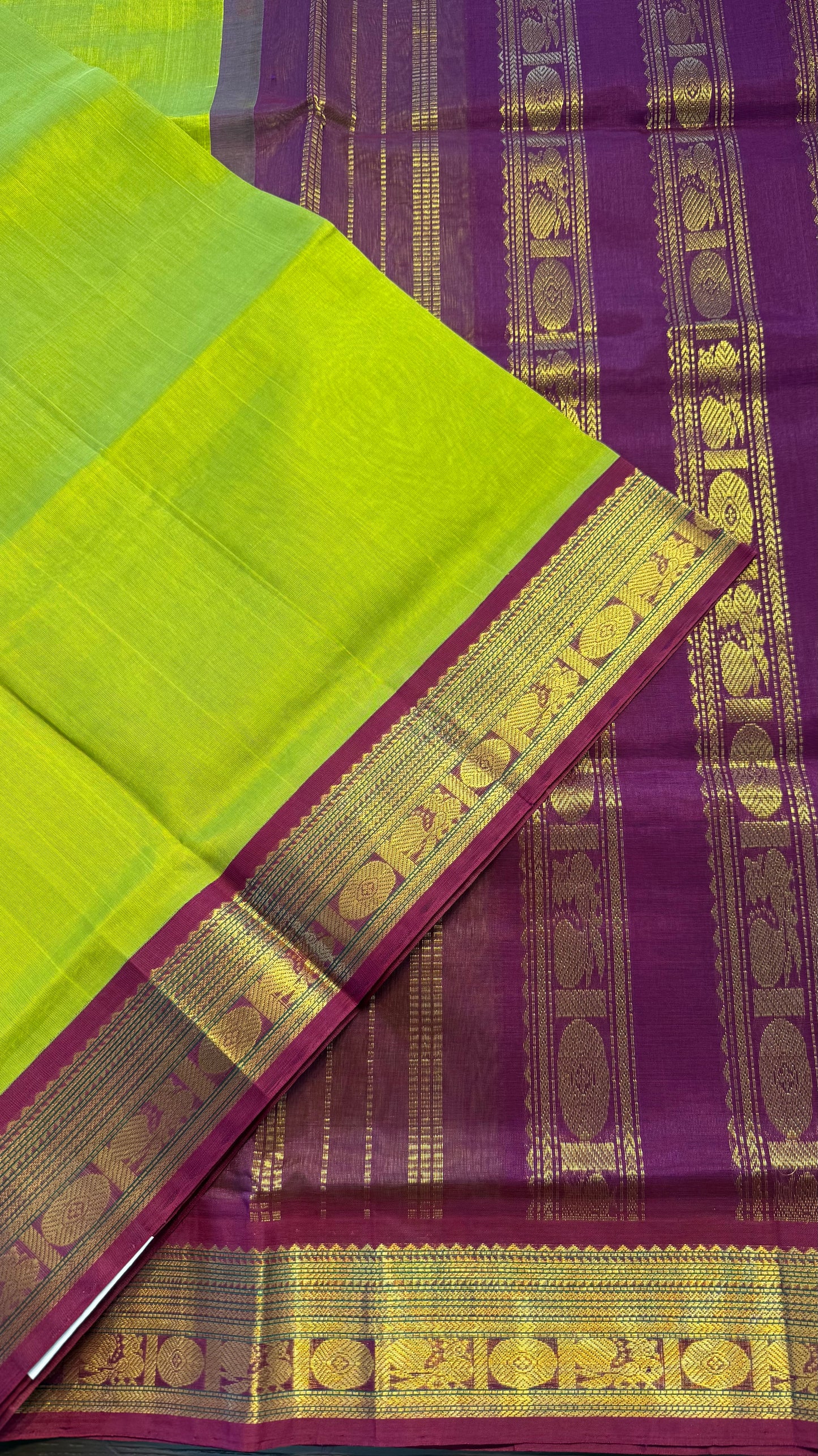 LIME GREEN WITH DARK MAROON HANDLOOM KANCHIPURAM SILK COTTON (KSC97)