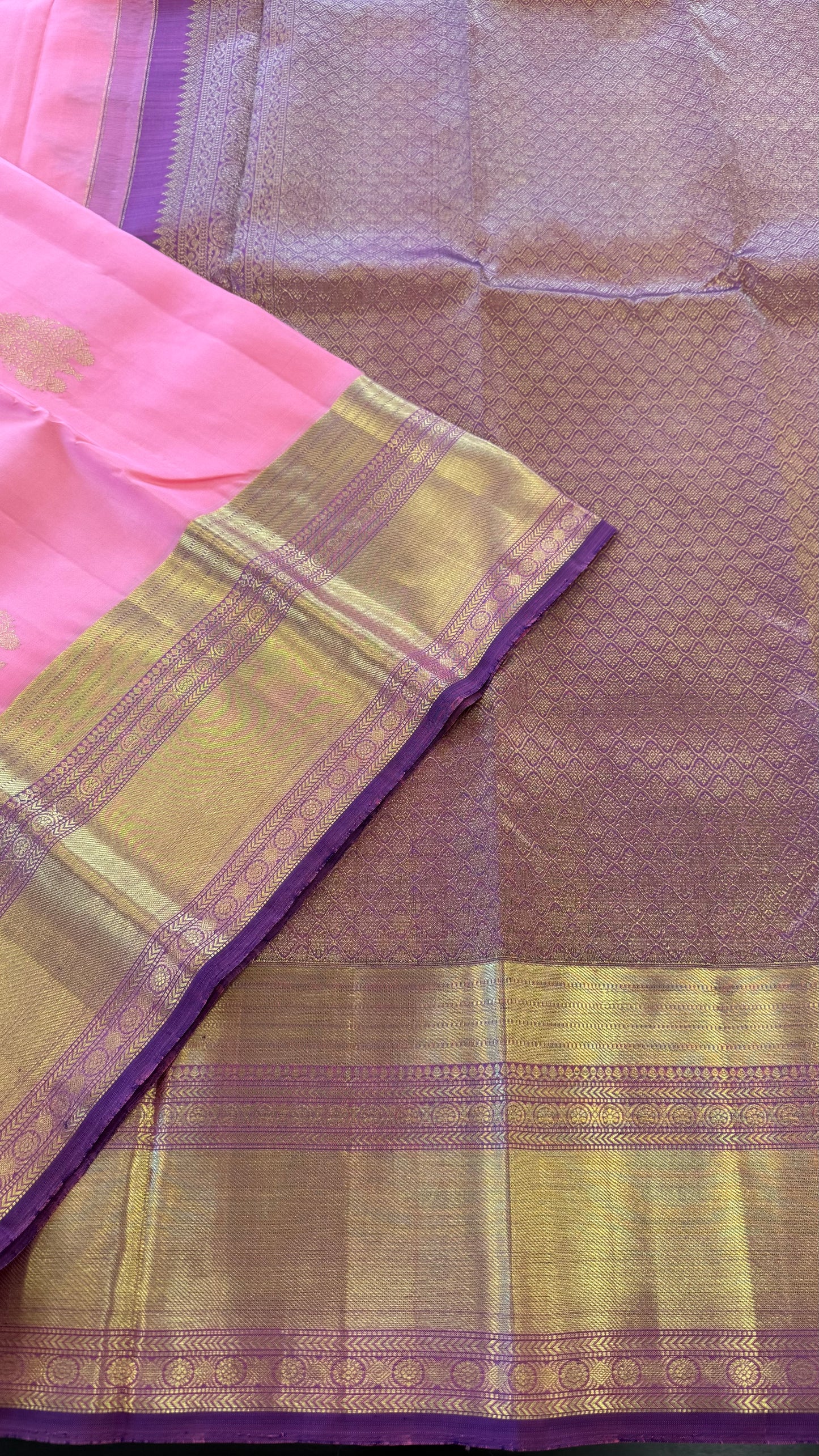 CARNATION PINK WITH PURPLE GOLD ZARI HANDLOOM KANICHIPURAM SILK SAREE (KSS61)