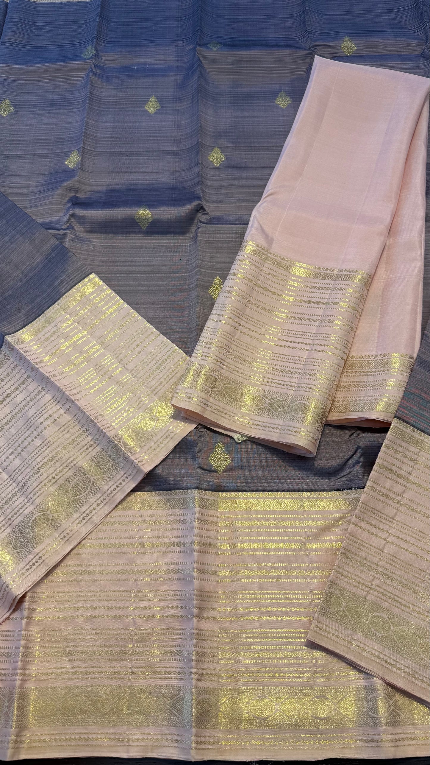 DUAL TONE LAVENDER GREY WITH CONTRAST DUST STORM PINK GOLD ZARI HANDLOOM KANICHIPURAM SILK SAREE (KSS56)