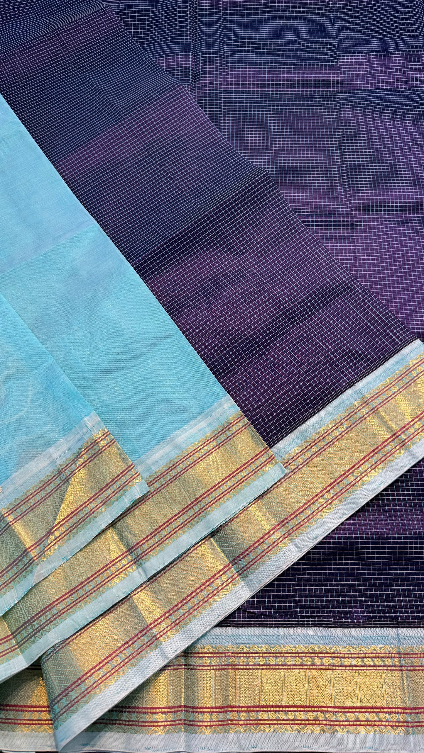 CHECKED PURPLE WITH PASTEL MINT HANDLOOM KANCHIPURAM SILK COTTON (KSC76)