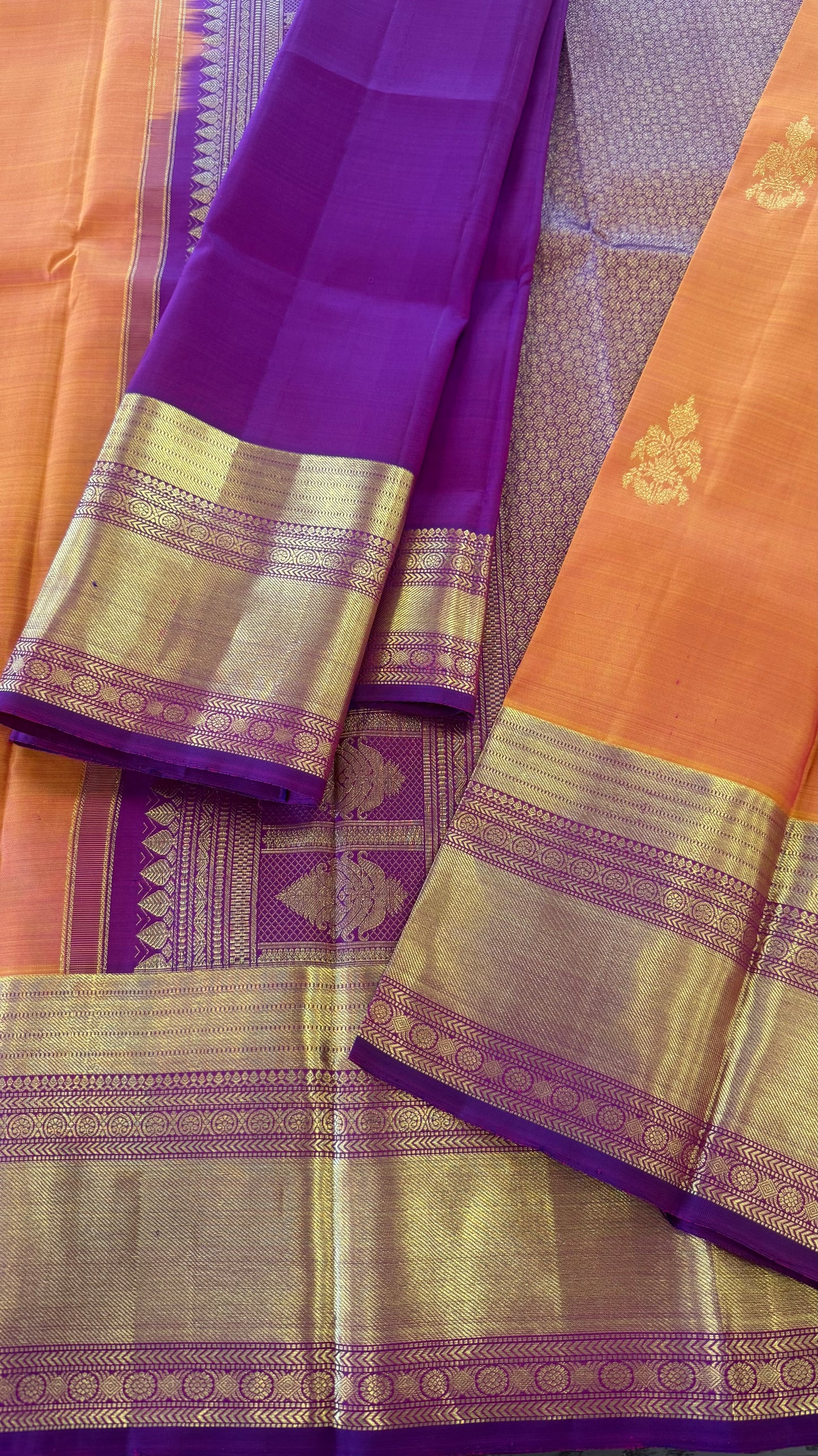DUAL TONE CARROT WITH CONTRAST VADAMALLI PURPLE GOLD ZARI HANDLOOM KANICHIPURAM SILK SAREE (KSS65)