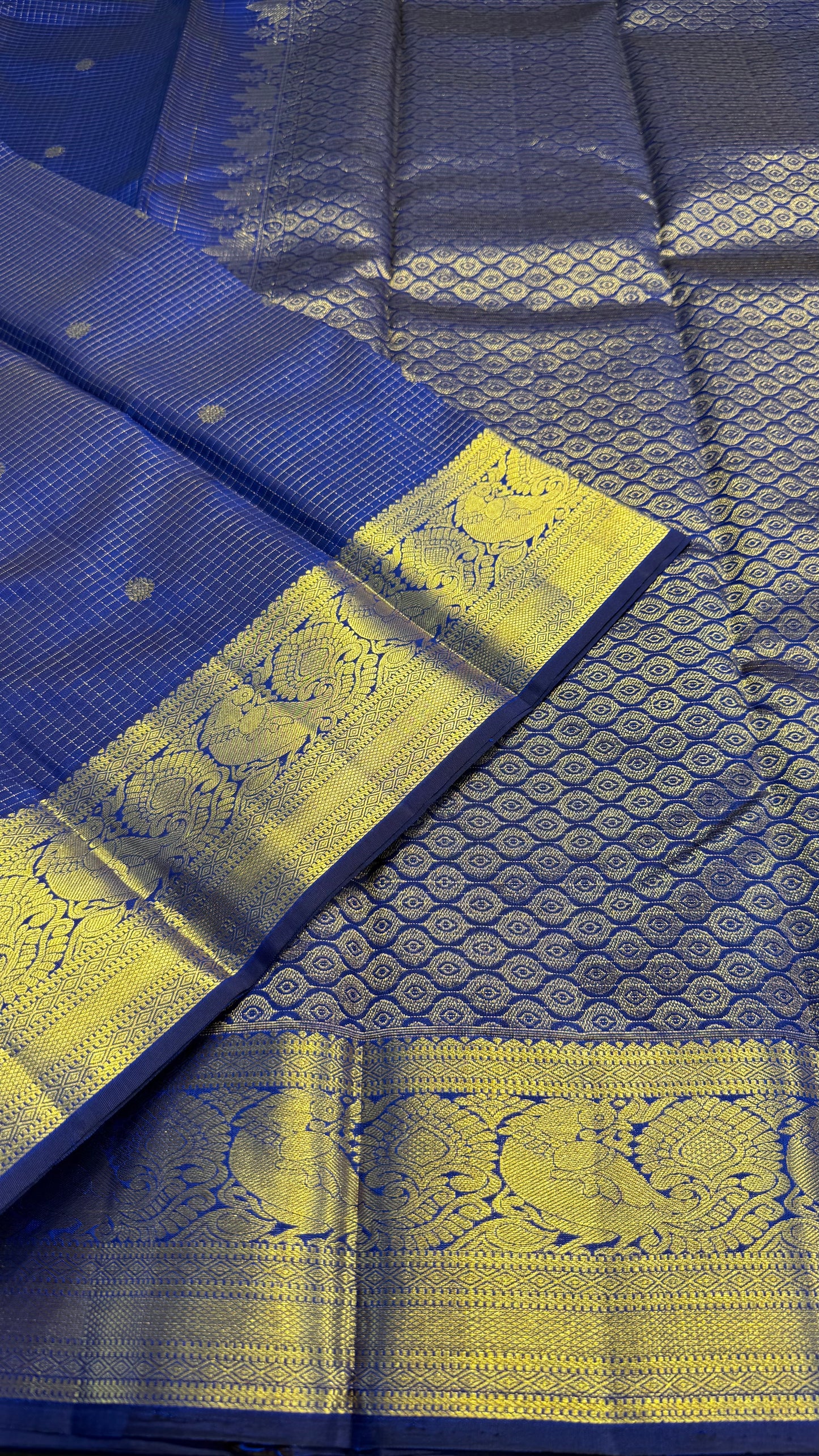 BLUE TRADITIONAL SMALL KATTAM GOLD ZARI HANDLOOM KANICHIPURAM SILK SAREE (KSS258)