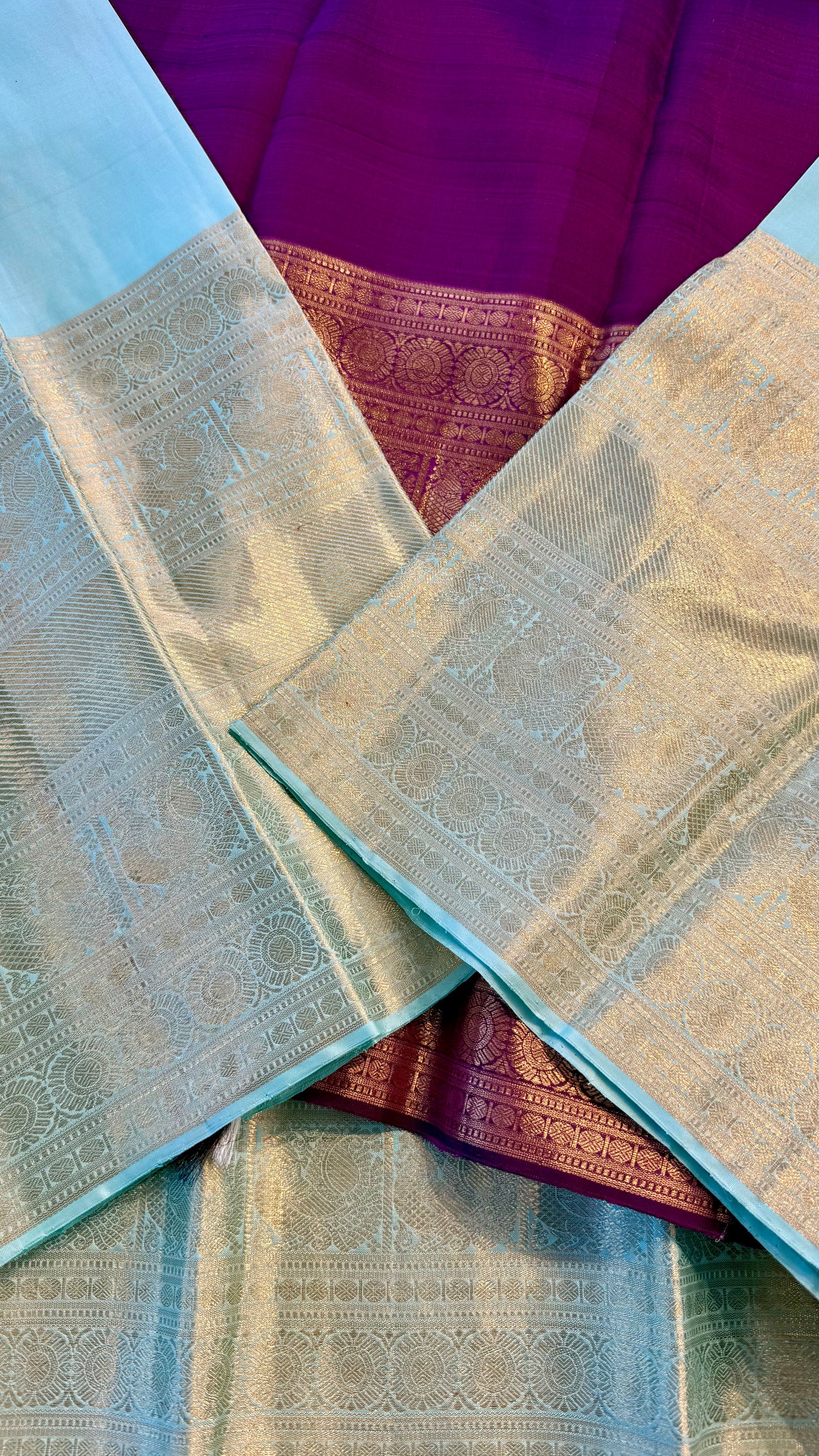 TIFFANY BLUE WITH CONTRAST VADAMALLI PURPLE BLOUSE HANDLOOM KANICHIPURAM SILK SAREE (KSS16)