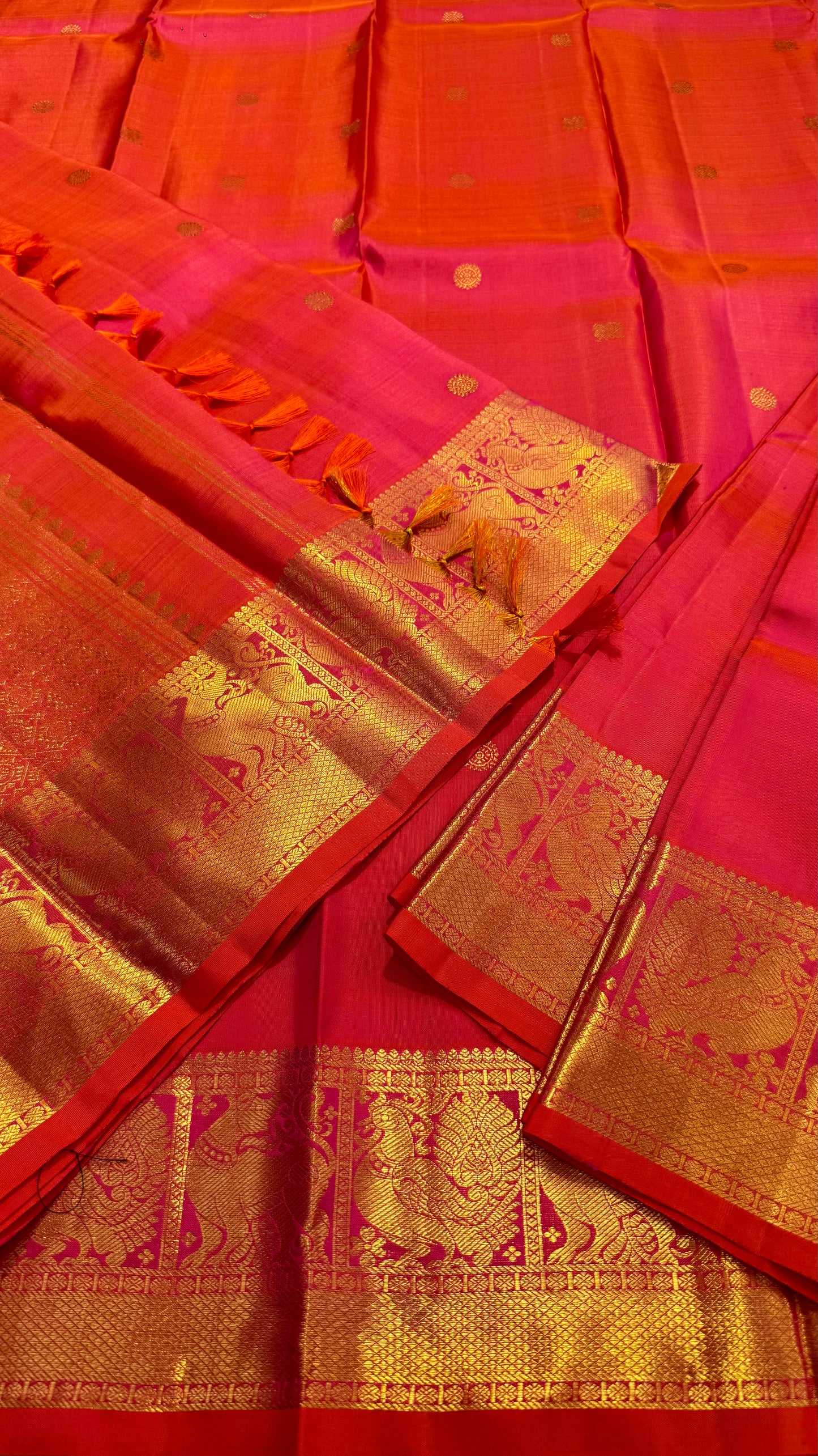 DUAL TONE RANI PINK & KANAKAMBARAM ORANGE PURE KANICHIPURAM HANDLOOM SILK SAREE (KSS04)