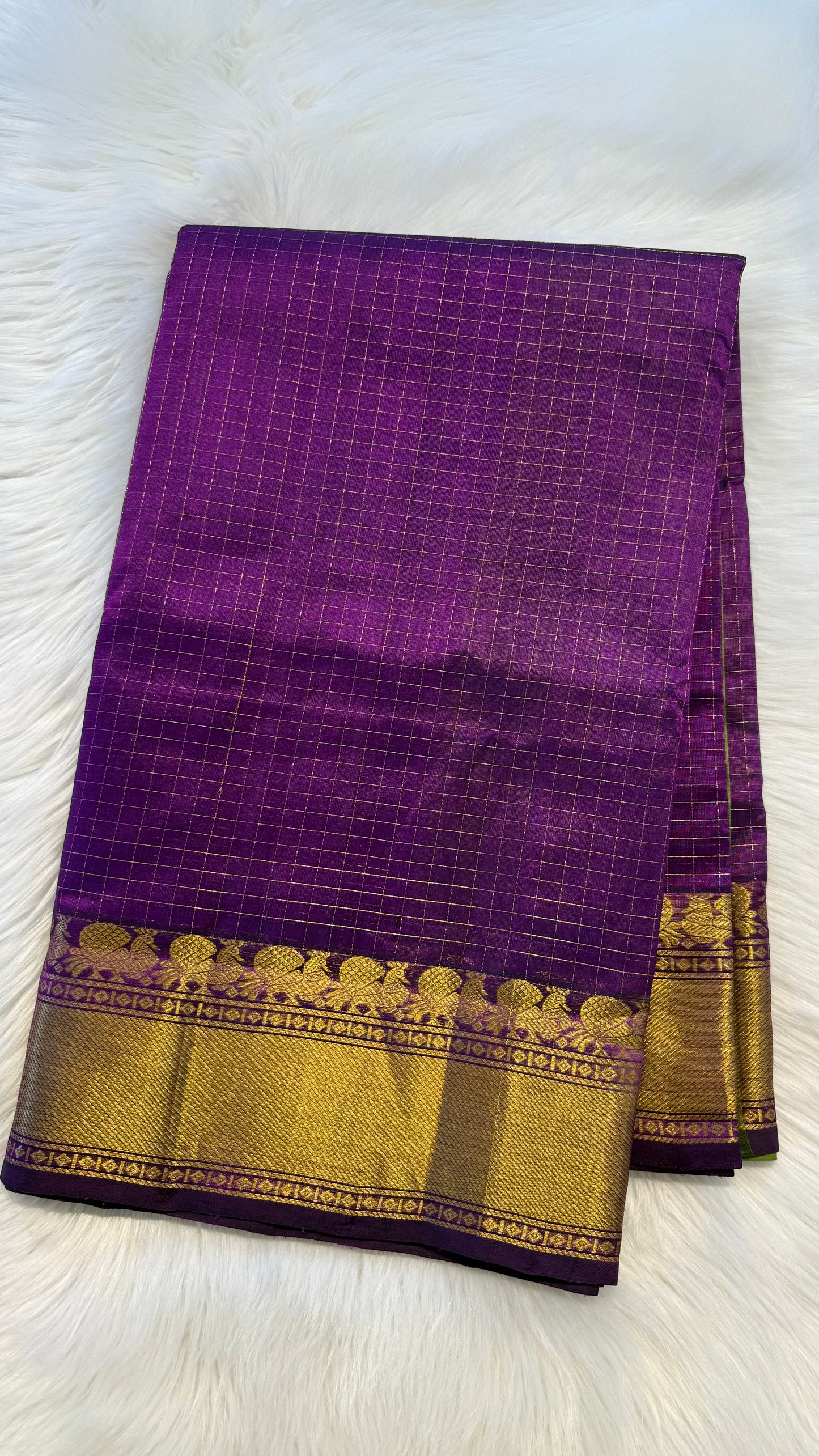 PURPLE WITH GREEN HANDLOOM KANCHIPURAM SILK COTTON