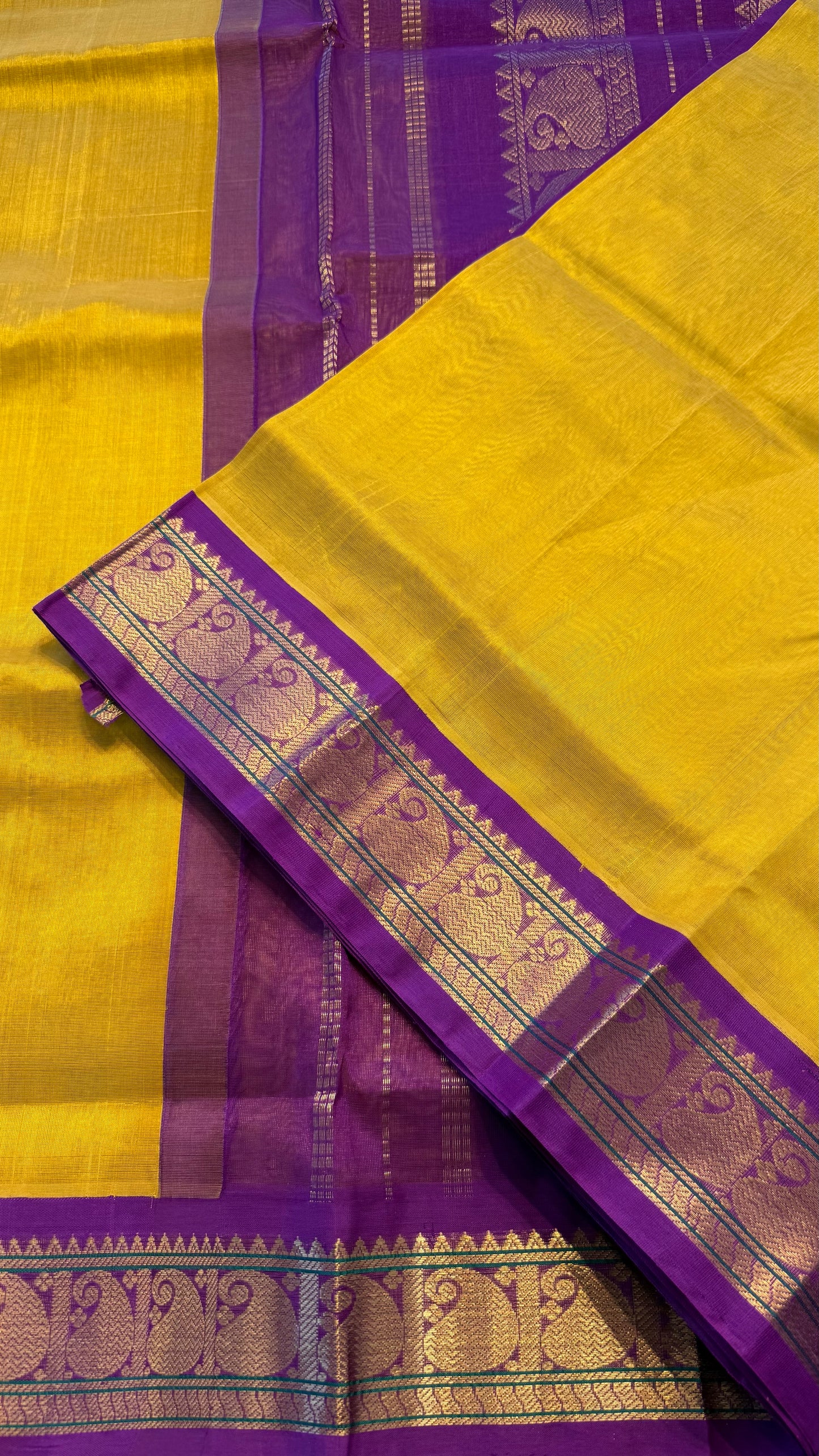 YELLOW WITH PURPLE HANDLOOM KANCHIPURAM SILK COTTON (KSC101)