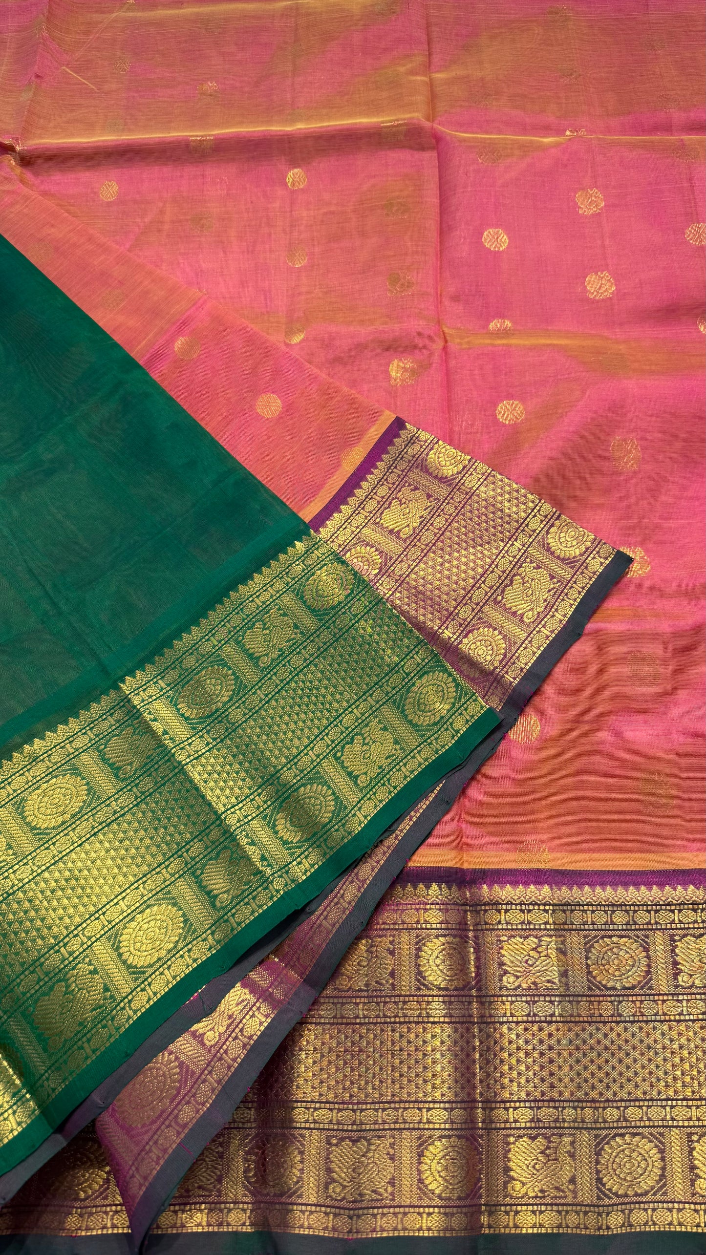 PEACH PINK WITH CONSTRAST GREEN KANCHIPURAM SILK COTTON (KSC05)