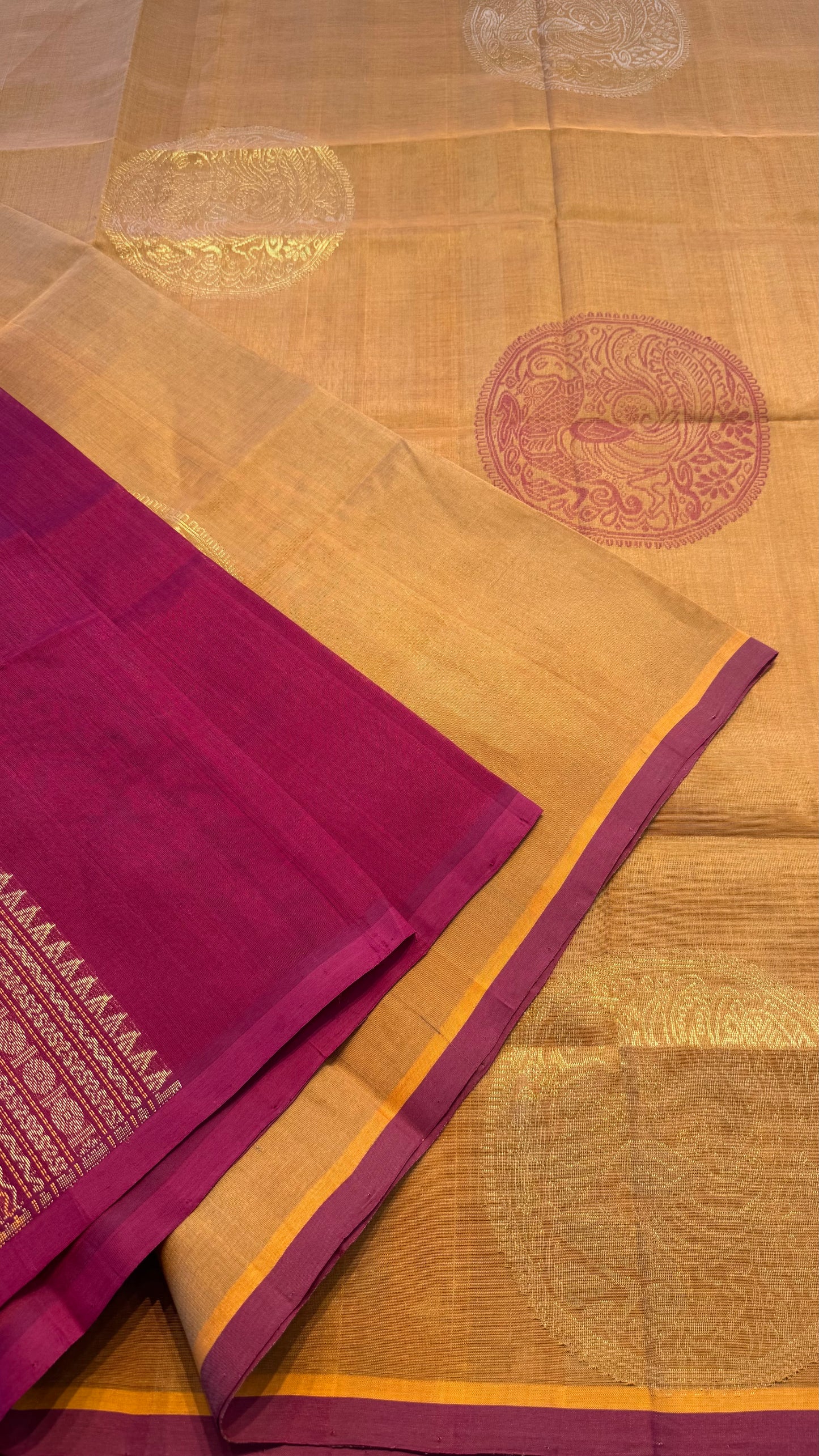 SAFFRON WITH MAROON HANDLOOM KANCHIPURAM SILK COTTON (KSC59)