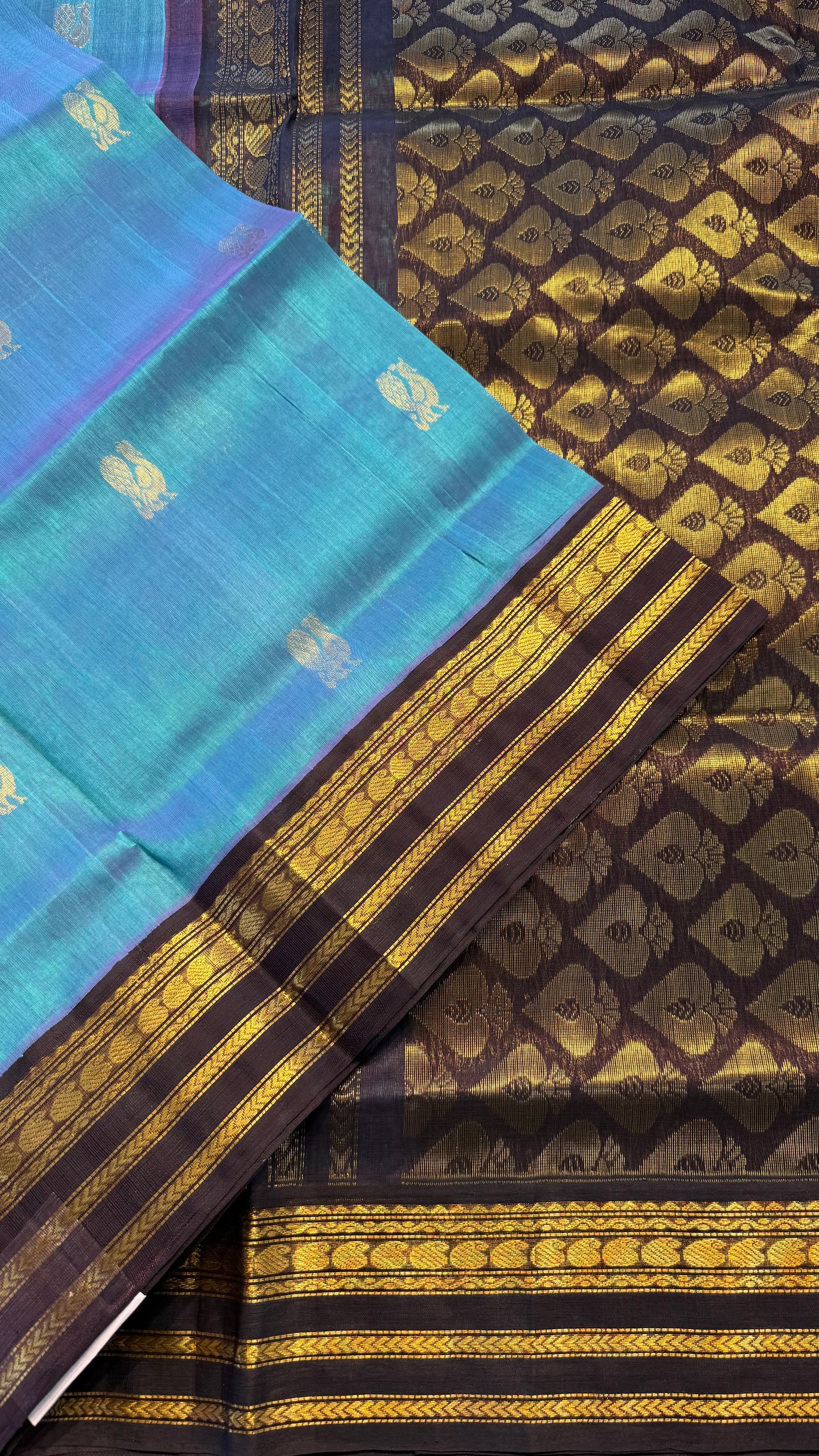TURQUOISE WITH DARK BROWN HANDLOOM KANCHIPURAM SILK COTTON (KSC132)