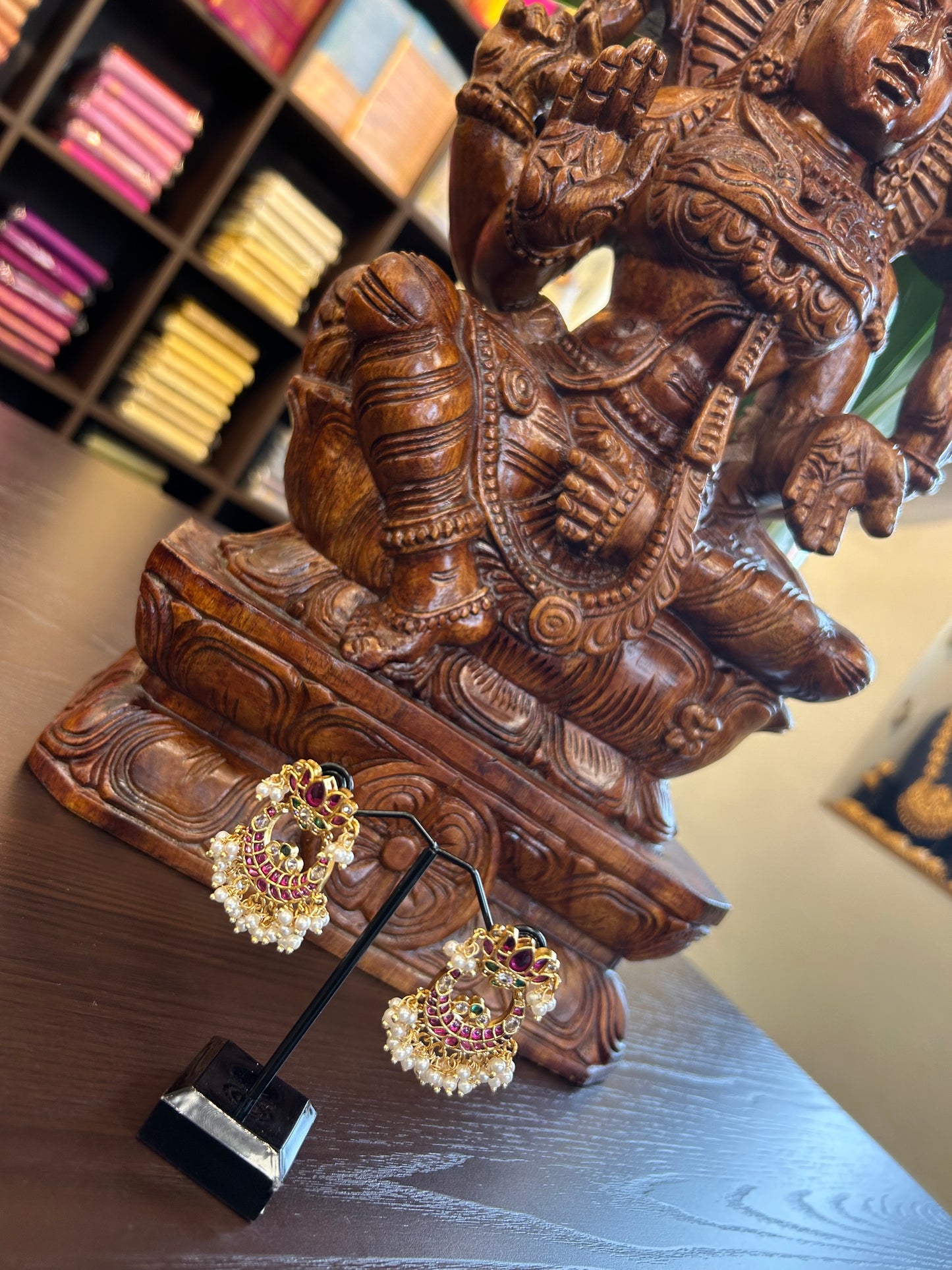 Gold Tone Kemp-Ruby-Green-Pearl Lotus Bali Earring