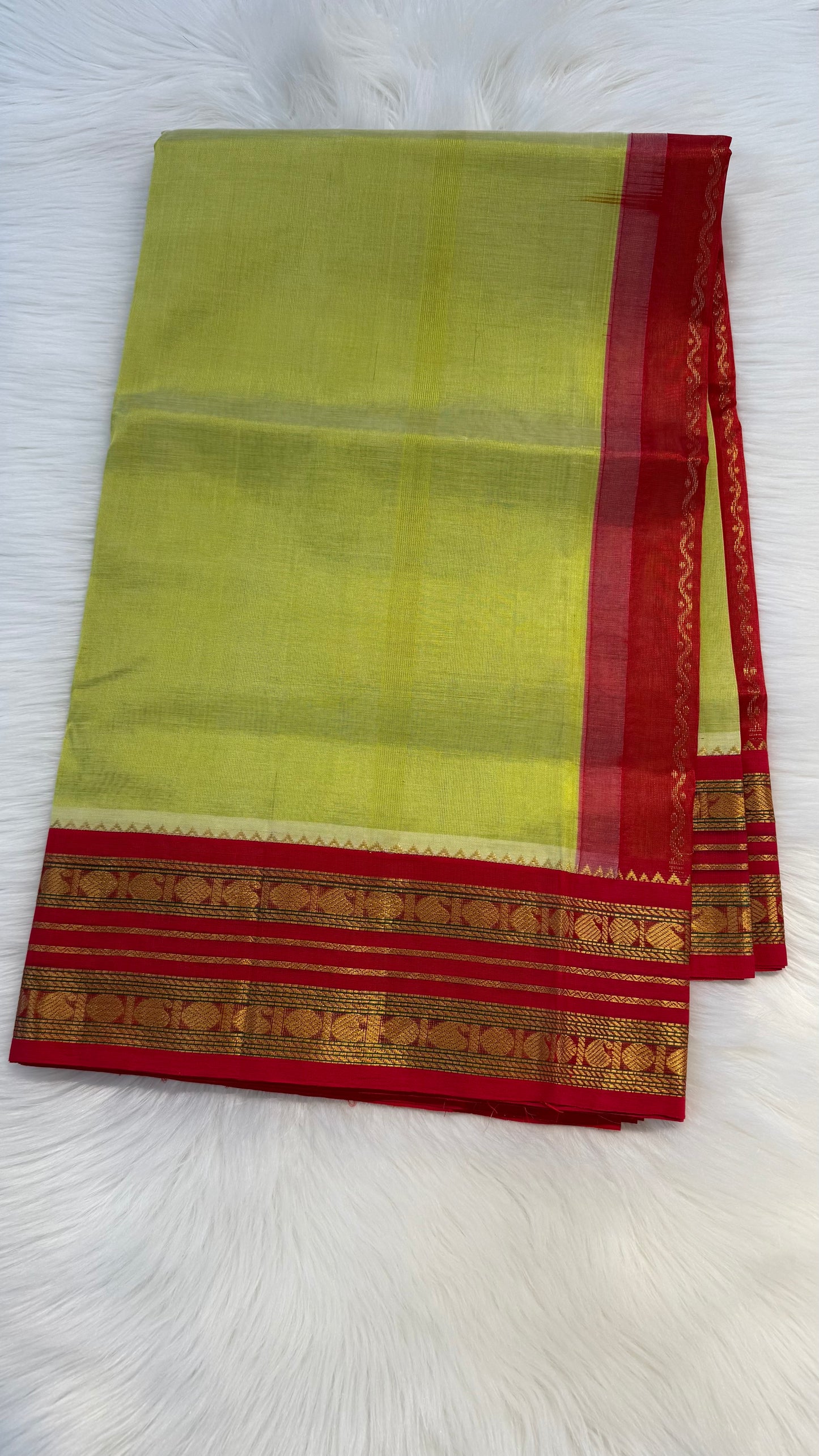 LIGHT LEMON YELLOW WITH CONTRAST RED KANCHIPURAM SILK COTTON (KSC20)