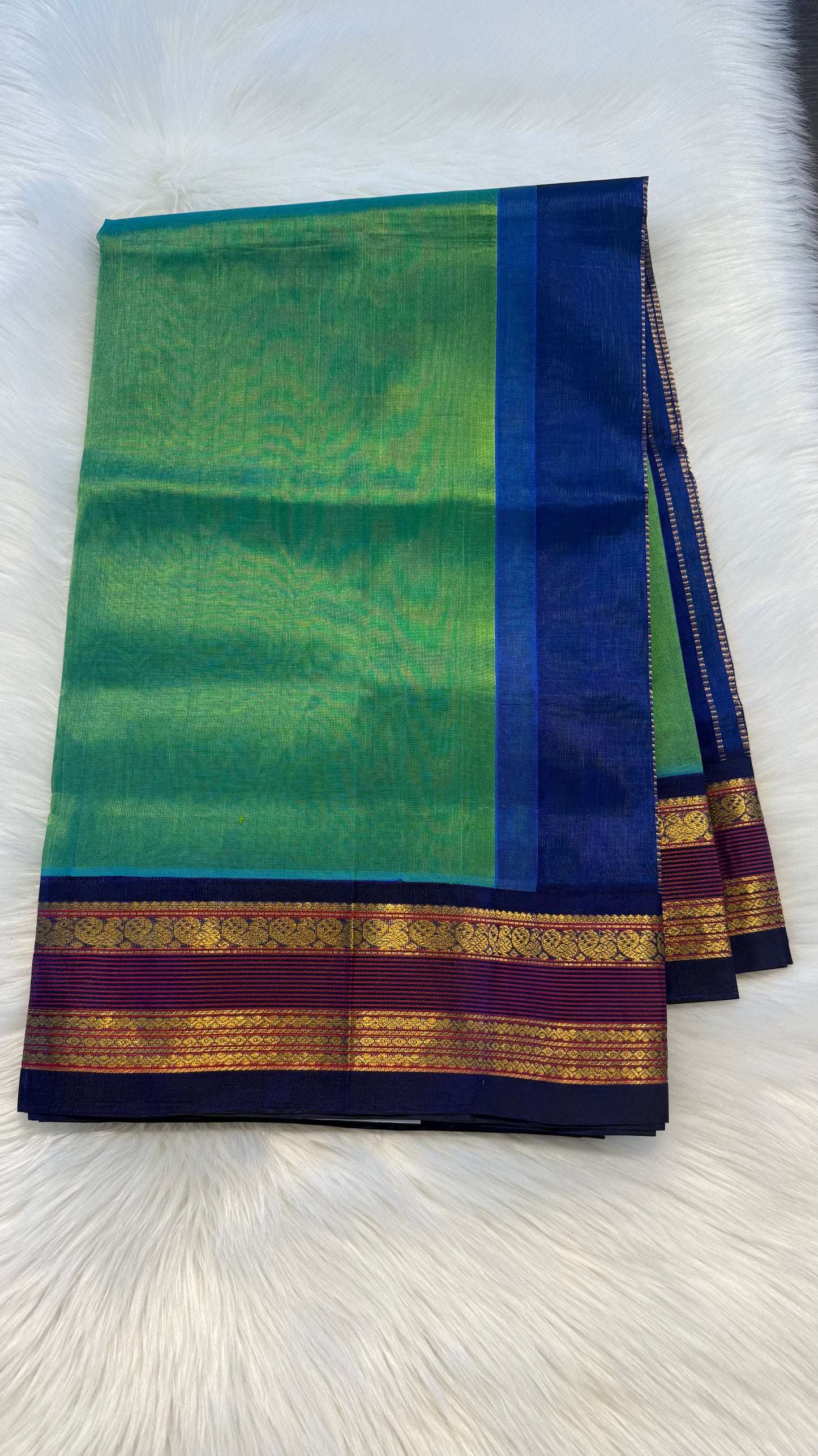 PEACOCK GREEN WITH BLUE HANDLOOM KANCHIPURAM SILK COTTON (KSC67)