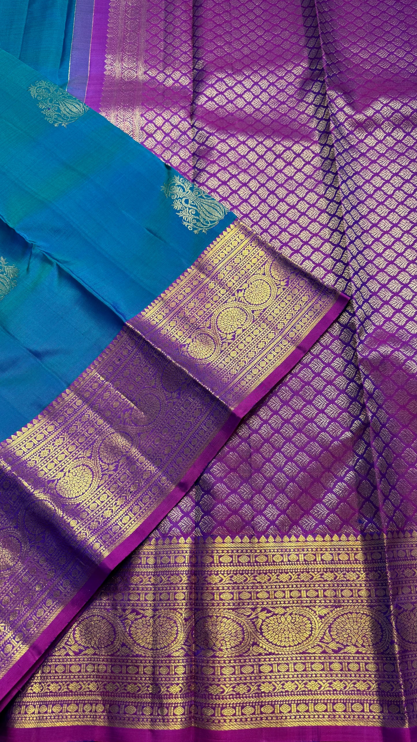 PEACOCK BLUE CONTRAST PURPLE GOLD ZARI HANDLOOM KANCHIPURAM SILK SAREE (KSS385)