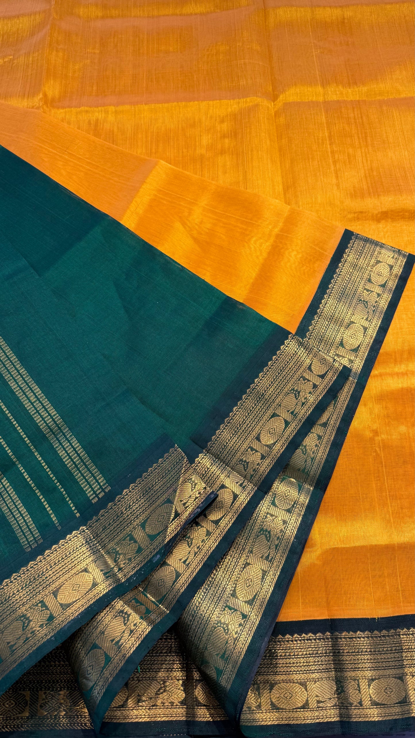 YELLOW WITH CONTRAST GREEN KANCHIPURAM SILK COTTON (KSC65)